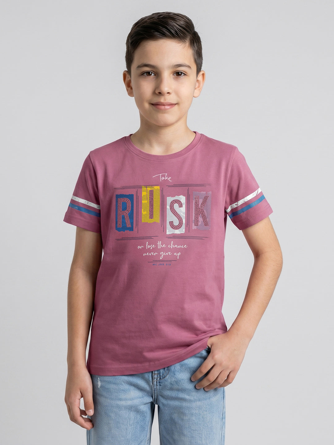 Boys Rose Red Printed Round Neck Half Sleeve T-Shirt