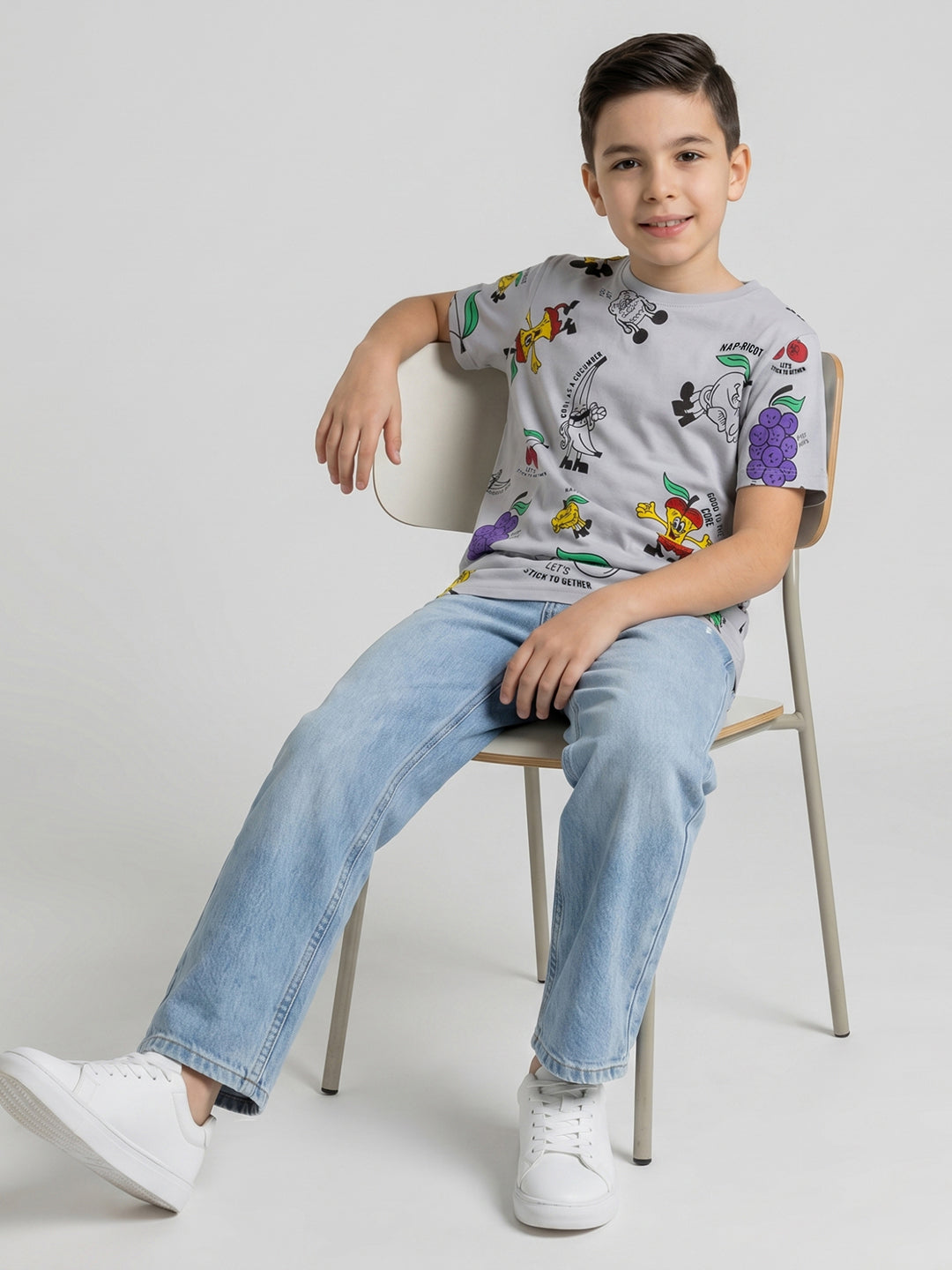 Boys Grey Printed Round Neck Half Sleeve T-Shirt