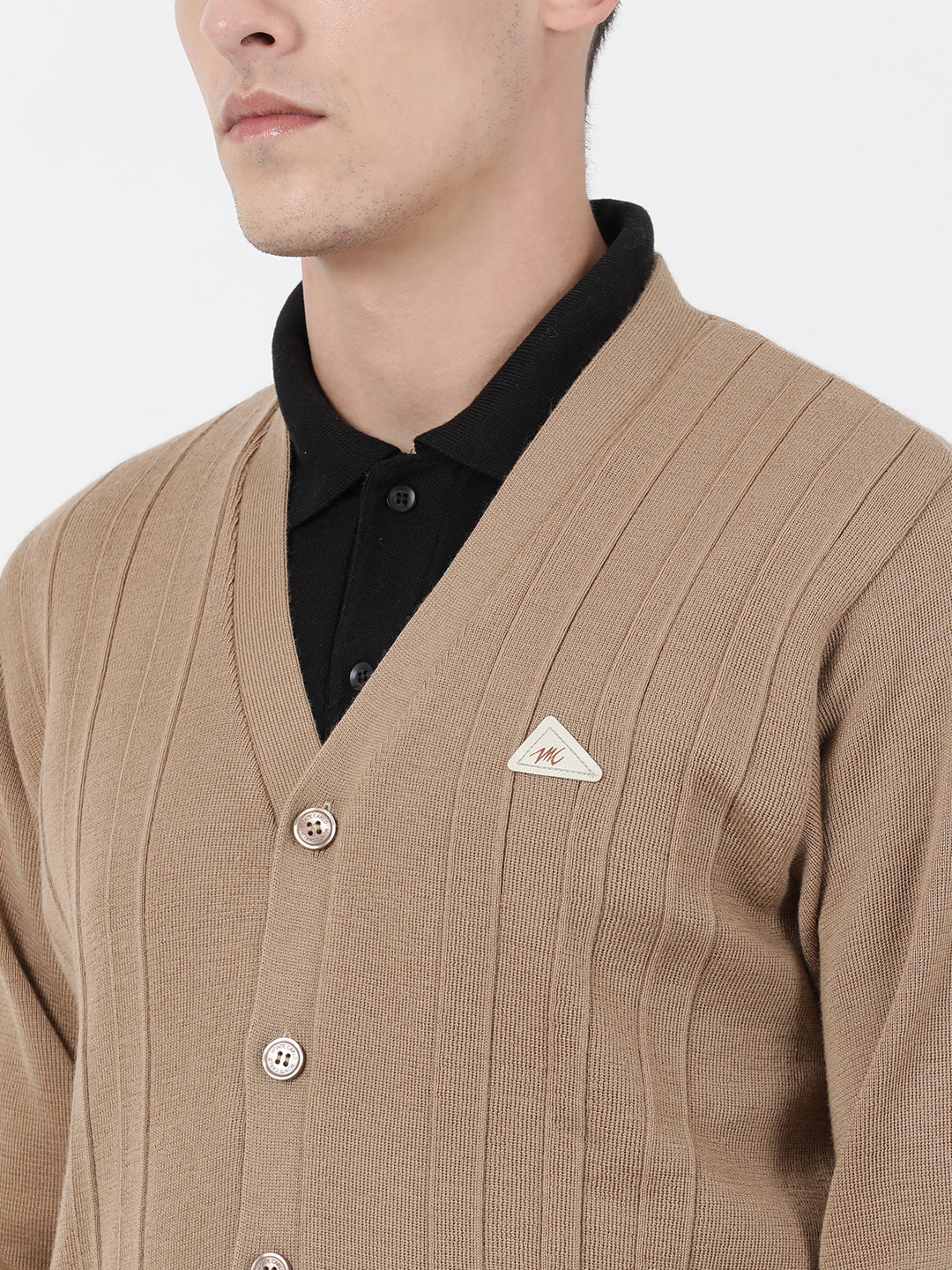 Men Khaki Solid V Neck Full Sleeve Cardigan