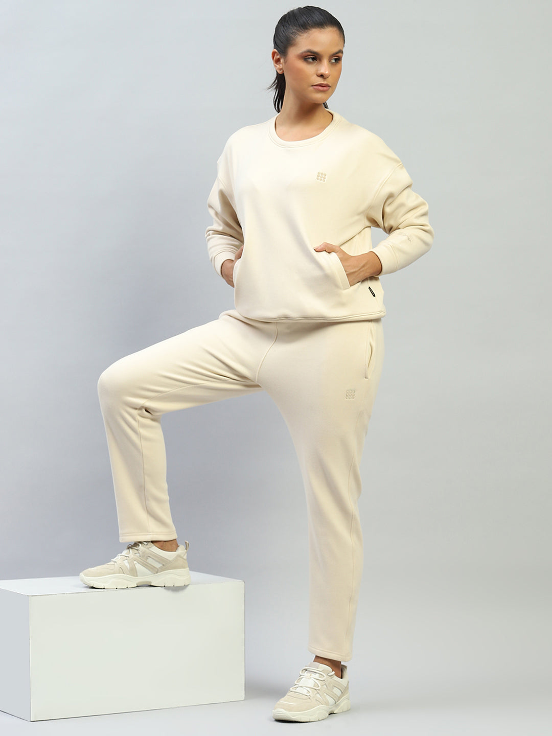 Rock.it Women Cream Solid Round Neck Full Sleeve Sweatshirt