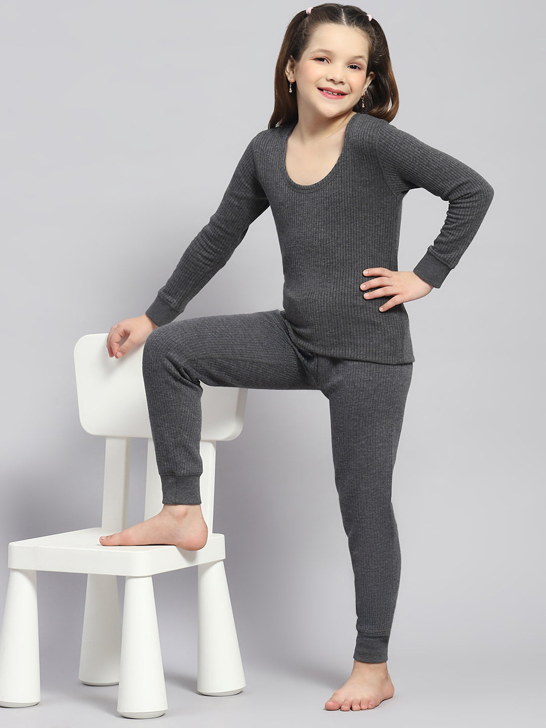 Girls Grey Solid Thermal Lower
