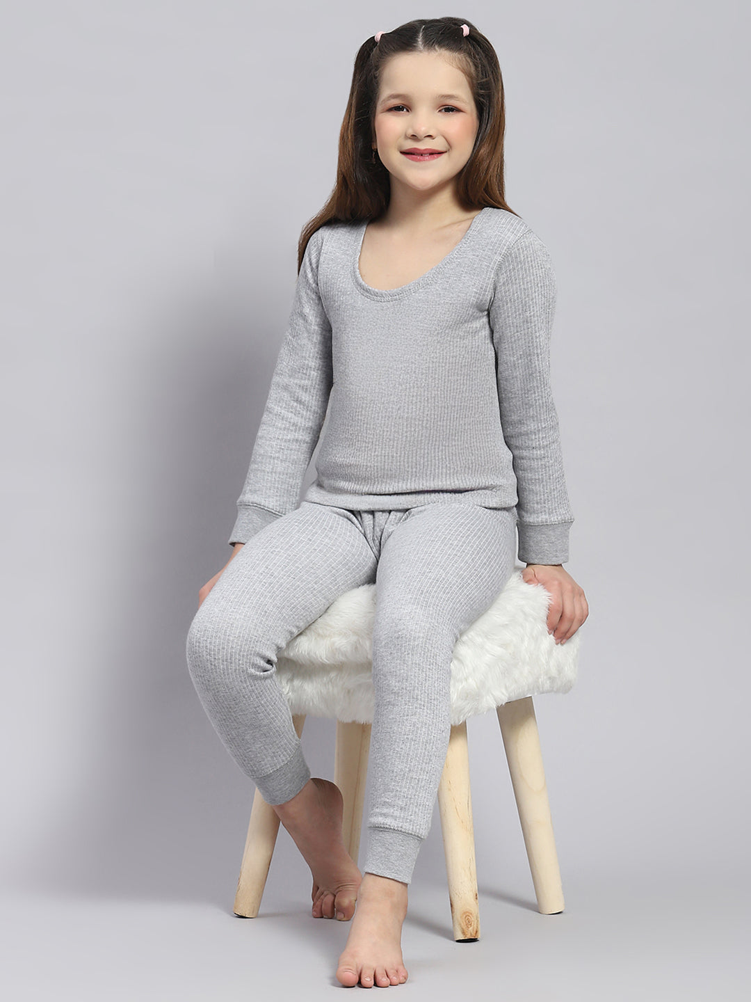 Girls Grey Solid Thermal Lower