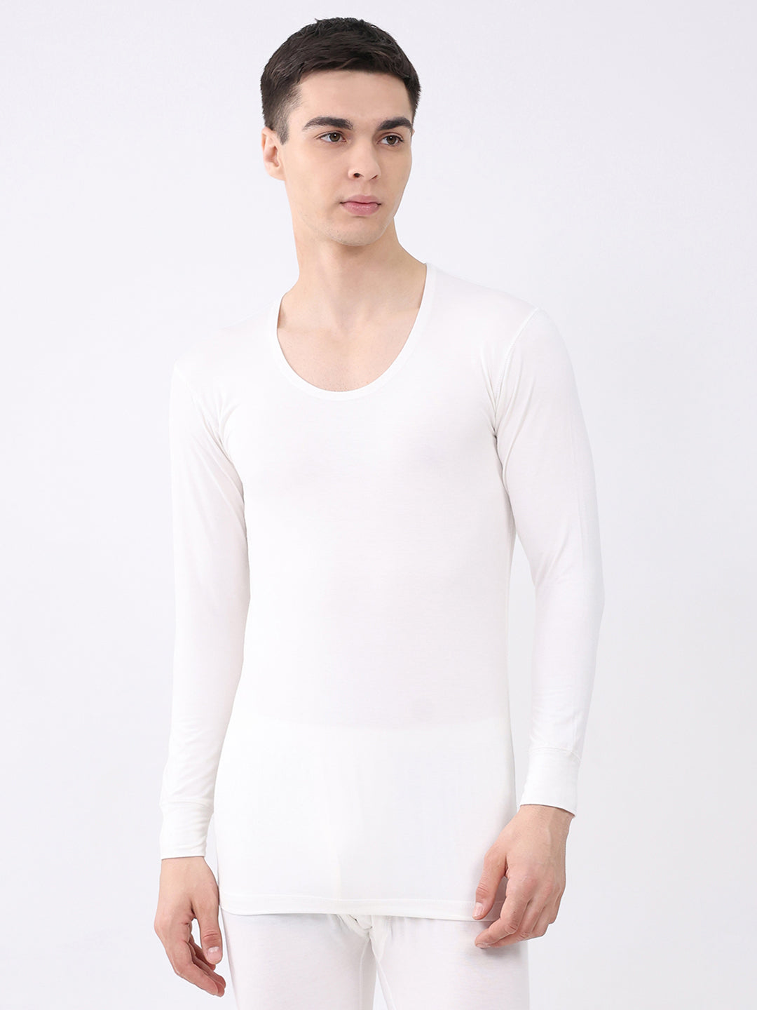 Men White Solid Round Neck Full Sleeve Thermal Vest