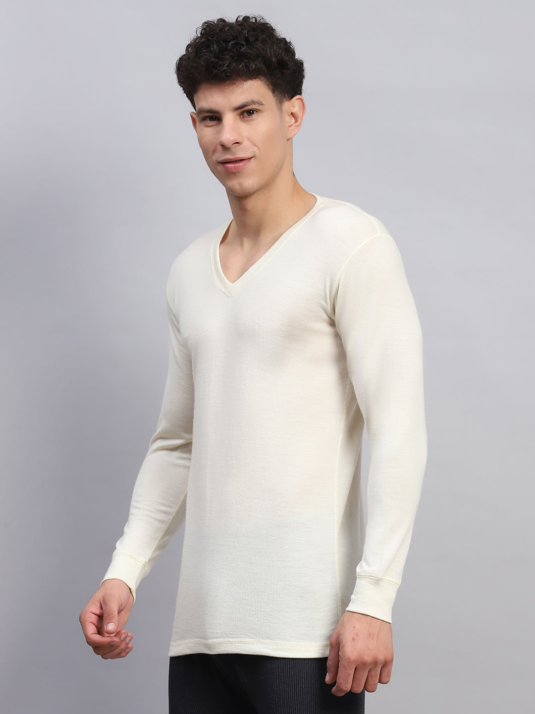 Men Cream Solid V Neck Full Sleeve Thermal Vest