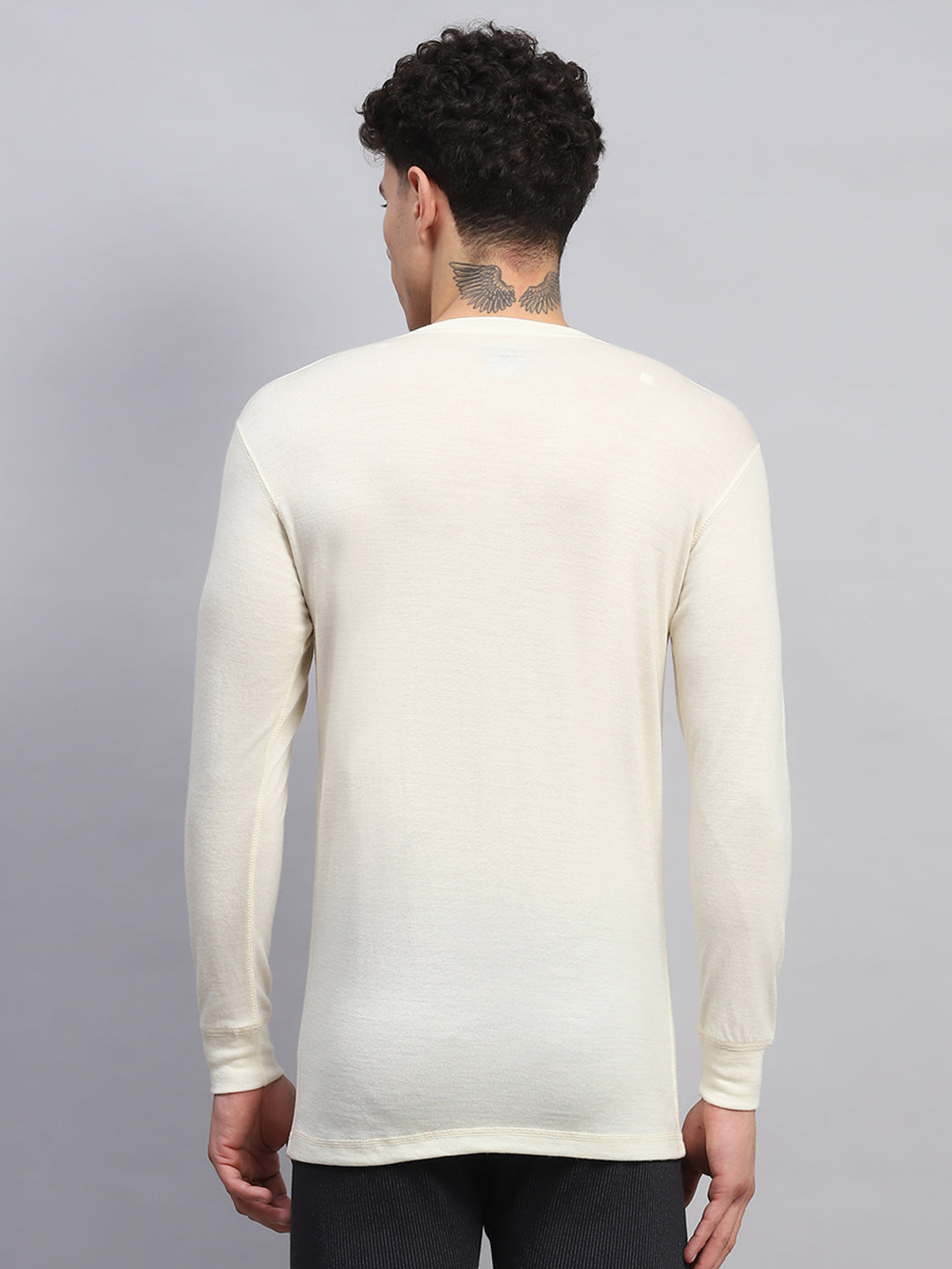 Men Cream Solid V Neck Full Sleeve Thermal Vest