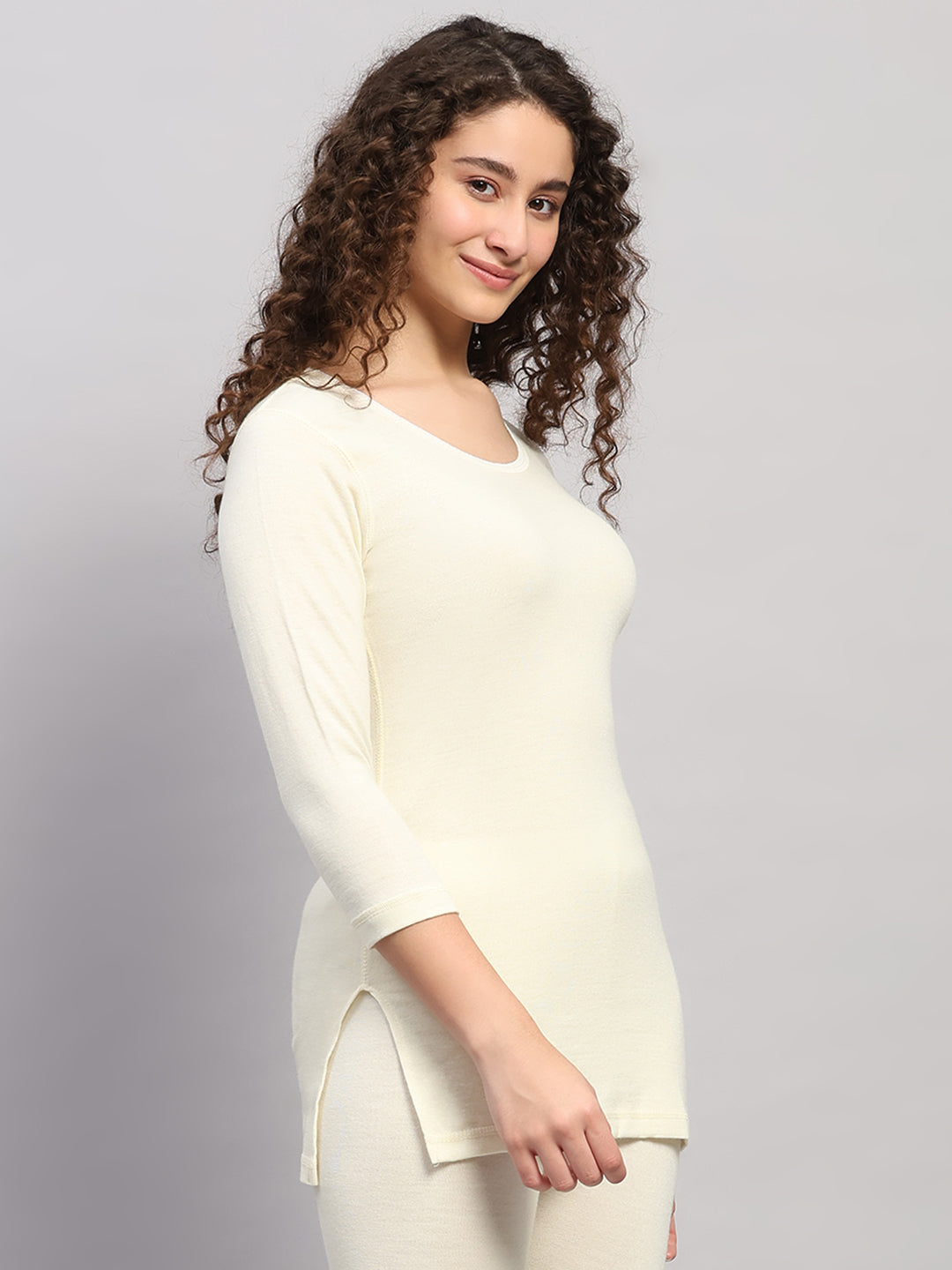 Women Cream Solid Round Neck 3/4th Sleeve Thermal Vest