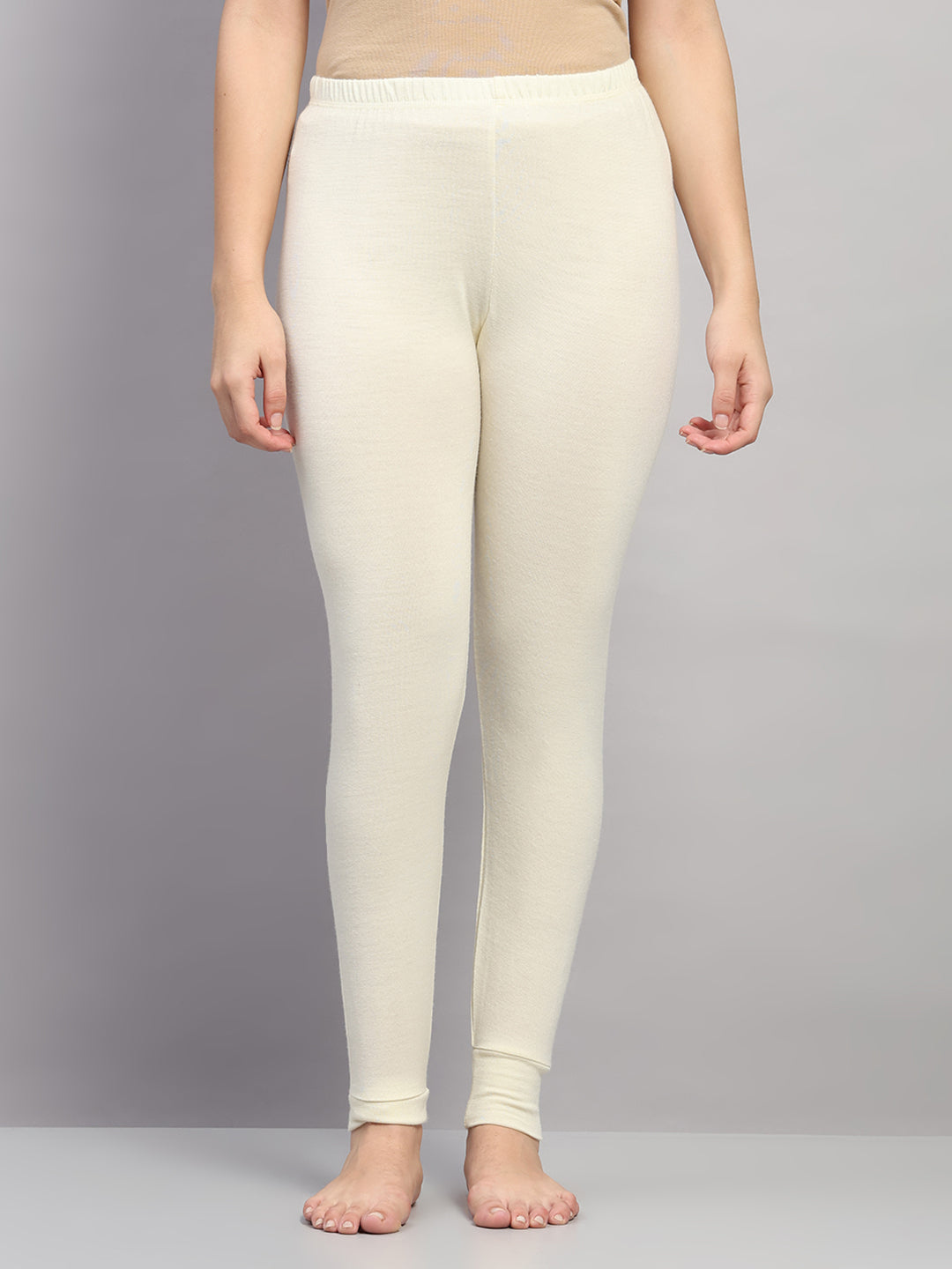 Women Cream Solid Regular Fit Thermal Lower