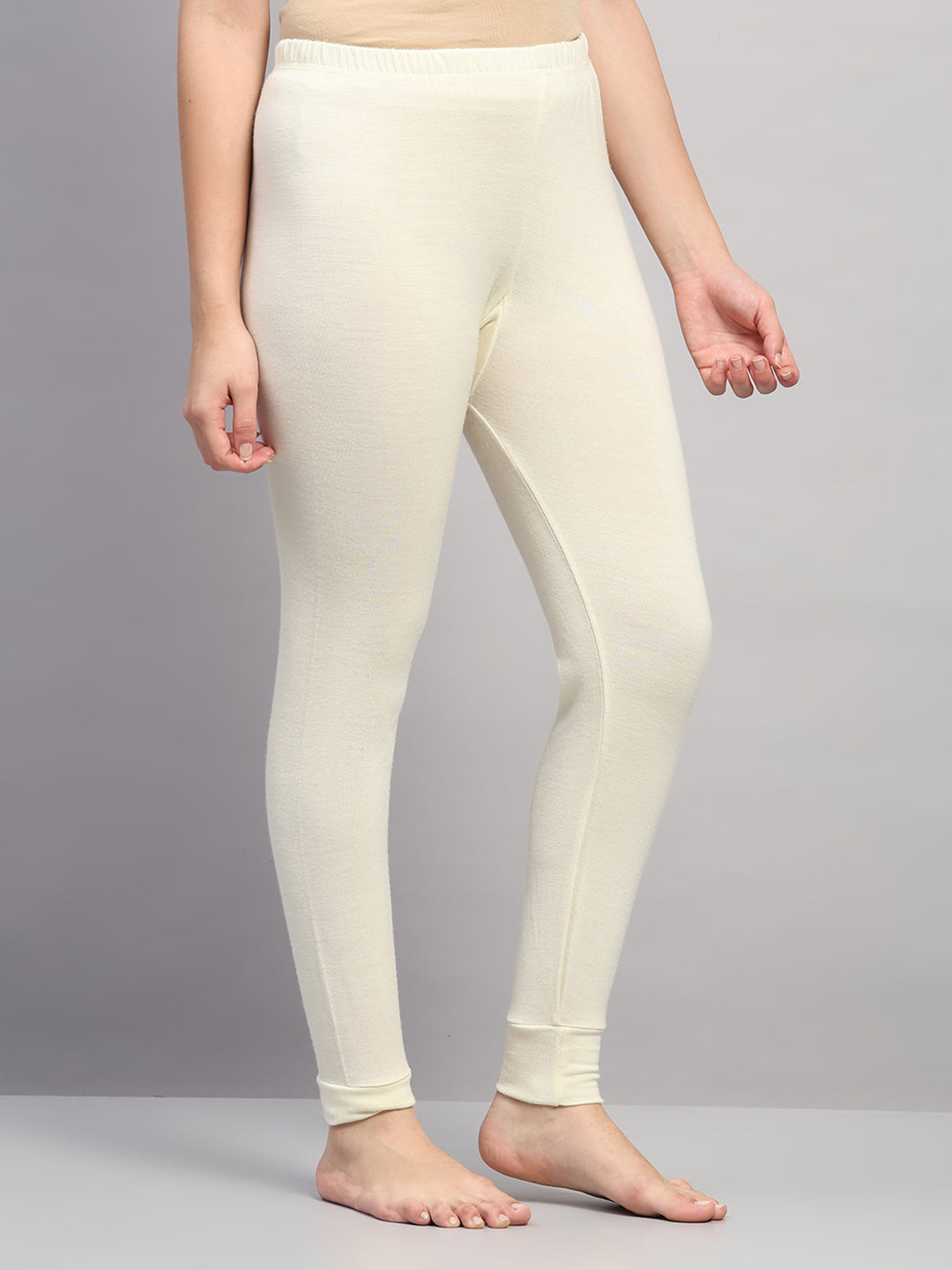 Women Cream Solid Regular Fit Thermal Lower