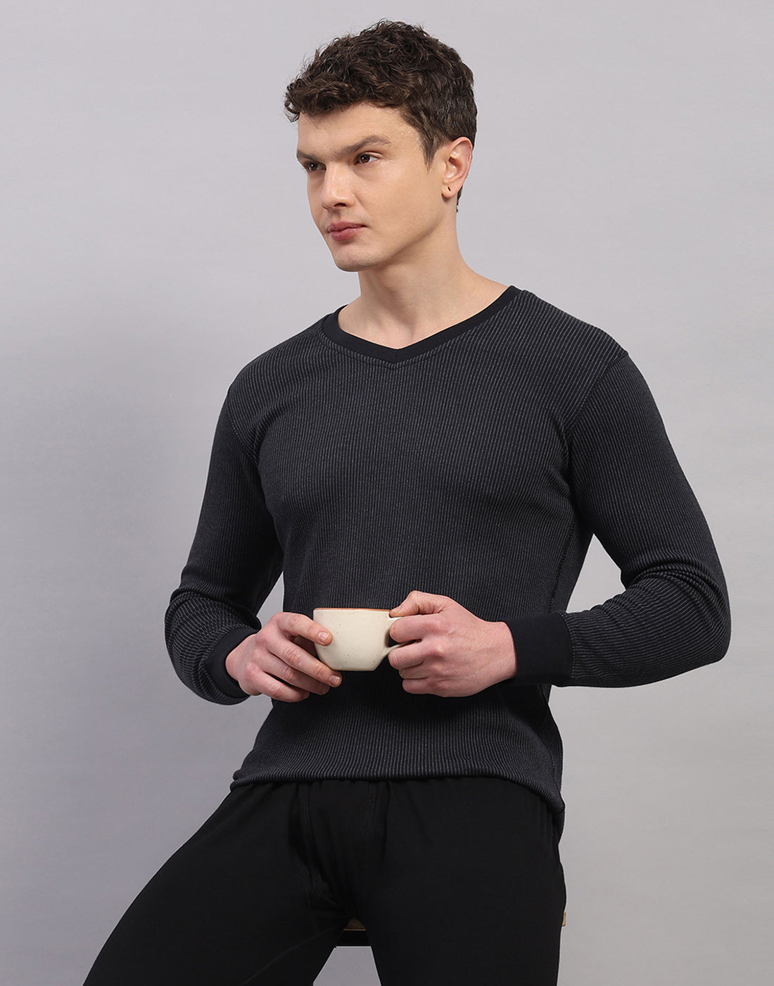Men Black Solid V Neck Full Sleeve Thermal Vest