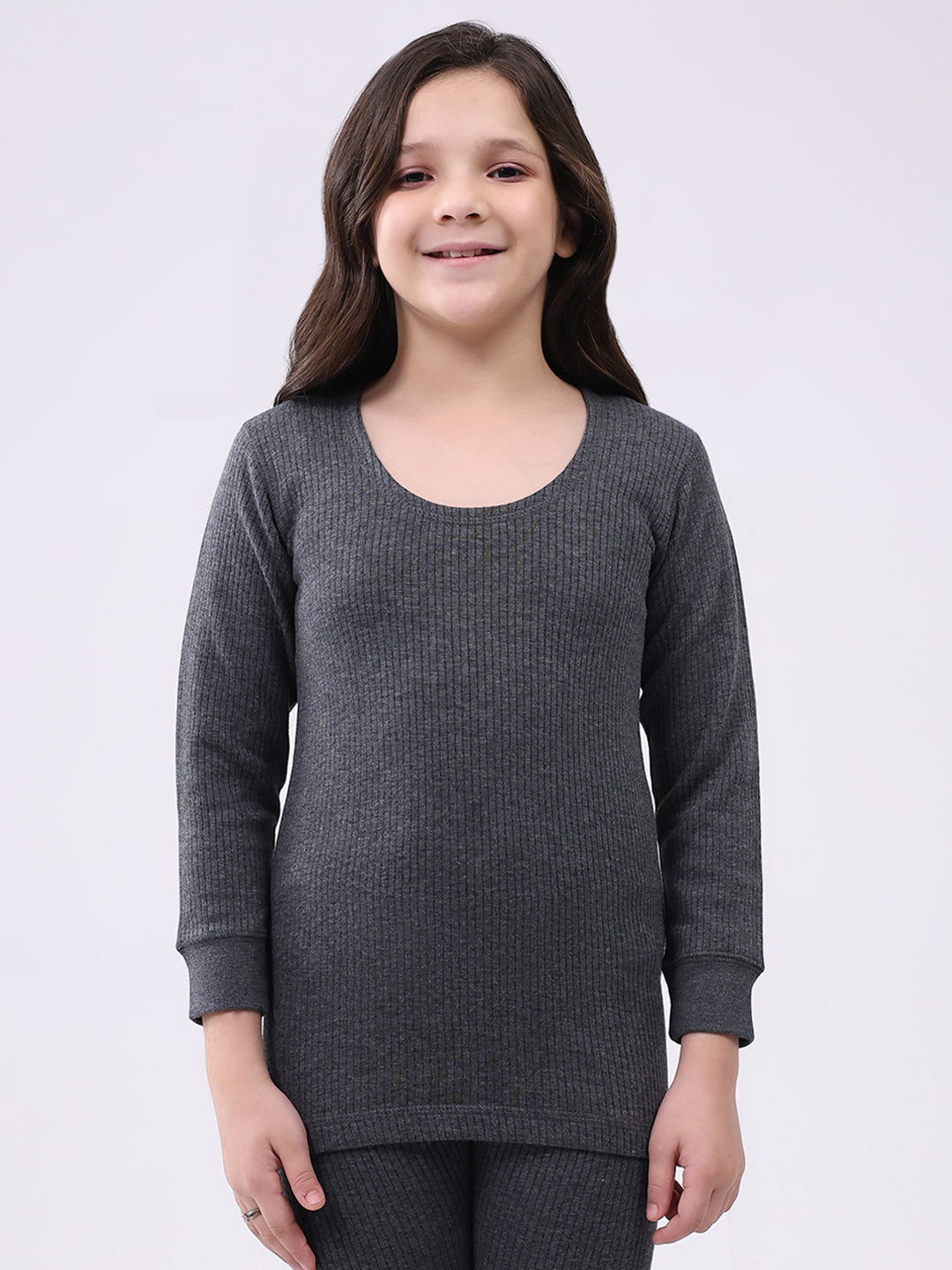Kids-Unisex Charcoal Solid Round Neck Full Sleeve Thermal Vest