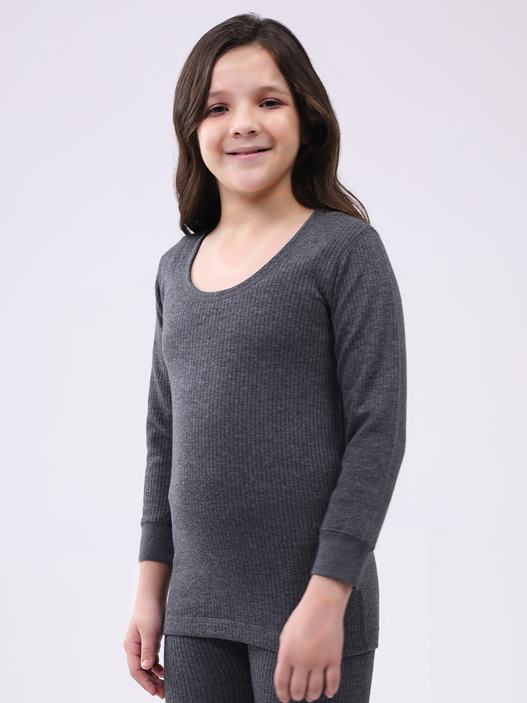 Kids-Unisex Charcoal Solid Round Neck Full Sleeve Thermal Vest