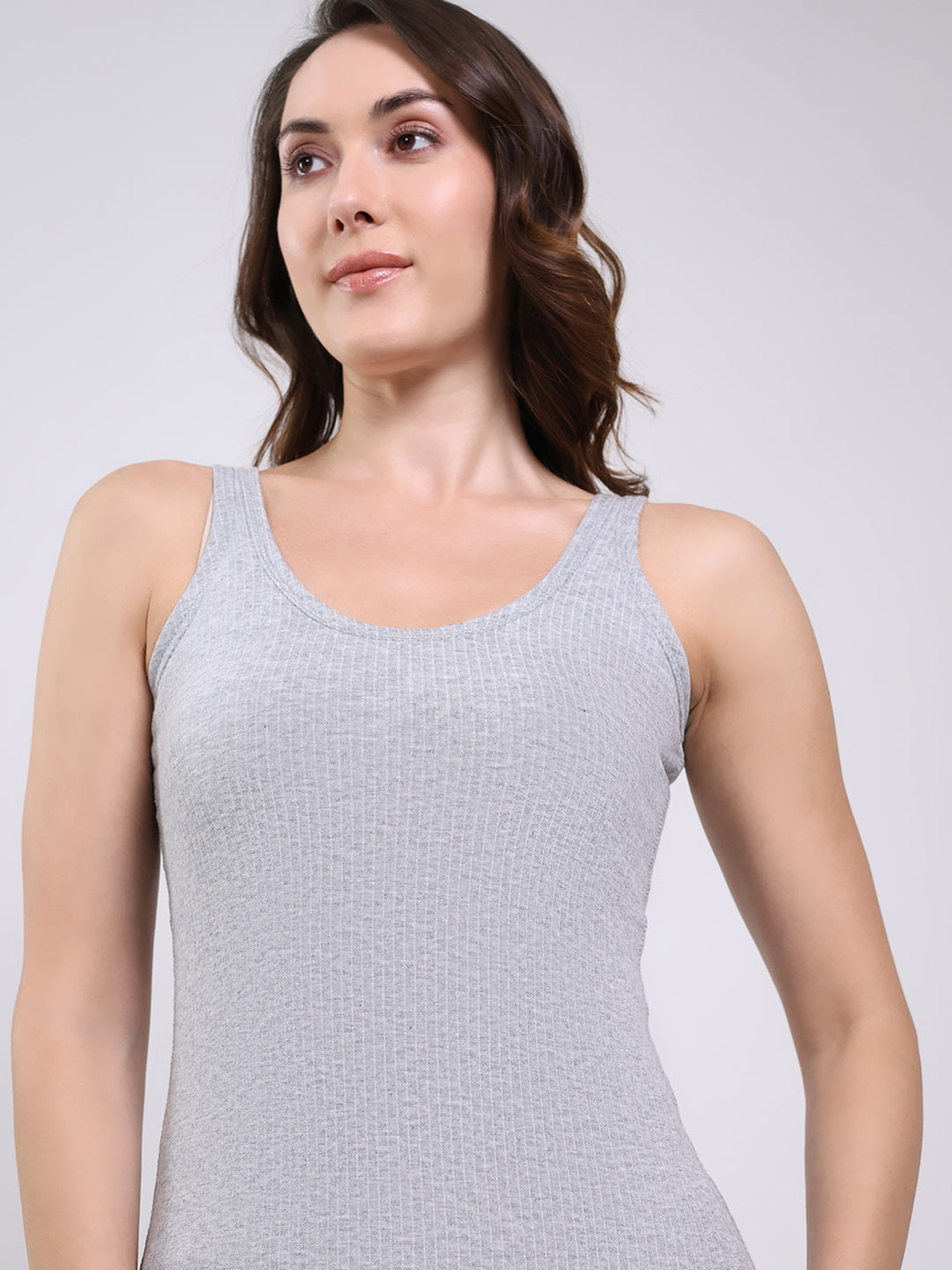 Women Grey Solid Round Neck Sleeveless Thermal Vest