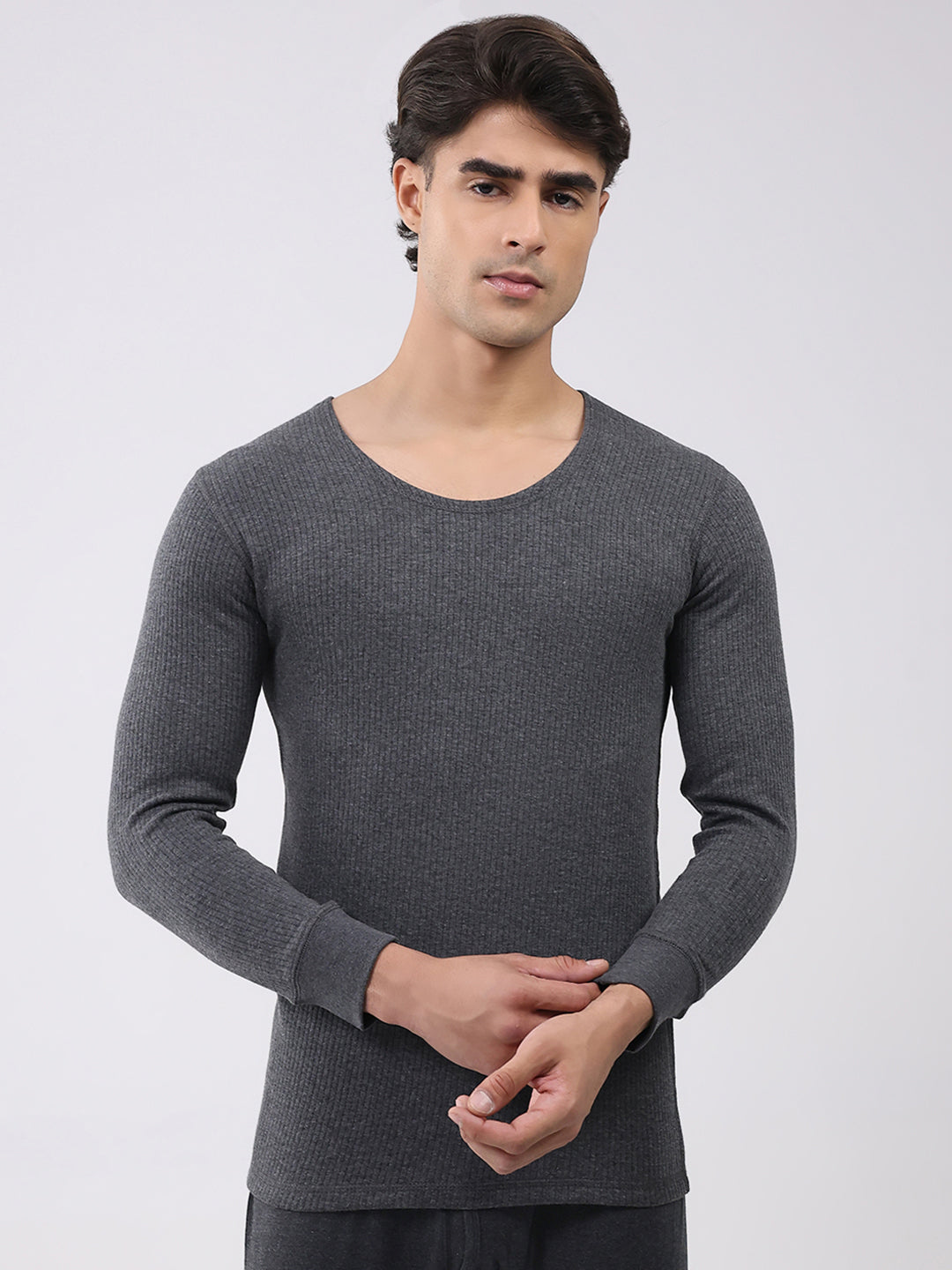 Men Charcoal Solid Round Neck Full Sleeve Thermal Vest