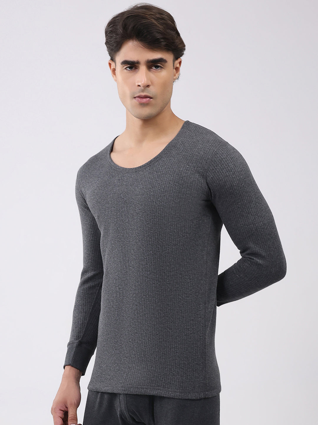 Men Charcoal Solid Round Neck Full Sleeve Thermal Vest