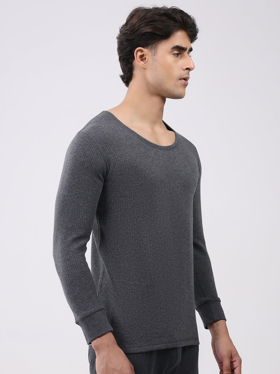 Men Charcoal Solid Round Neck Full Sleeve Thermal Vest