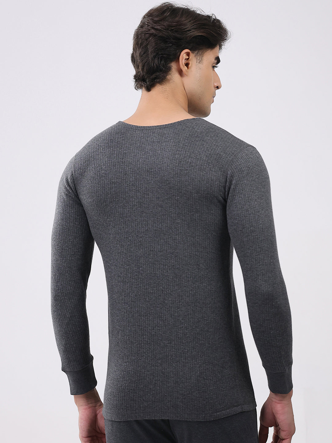 Men Charcoal Solid Round Neck Full Sleeve Thermal Vest