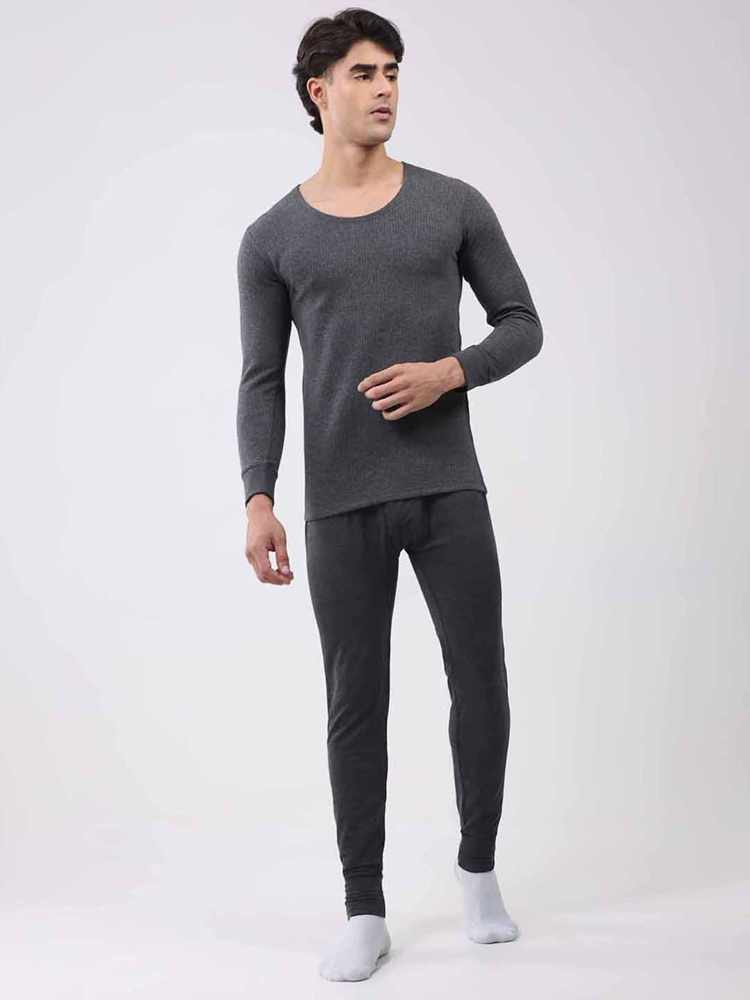 Men Charcoal Solid Round Neck Full Sleeve Thermal Vest