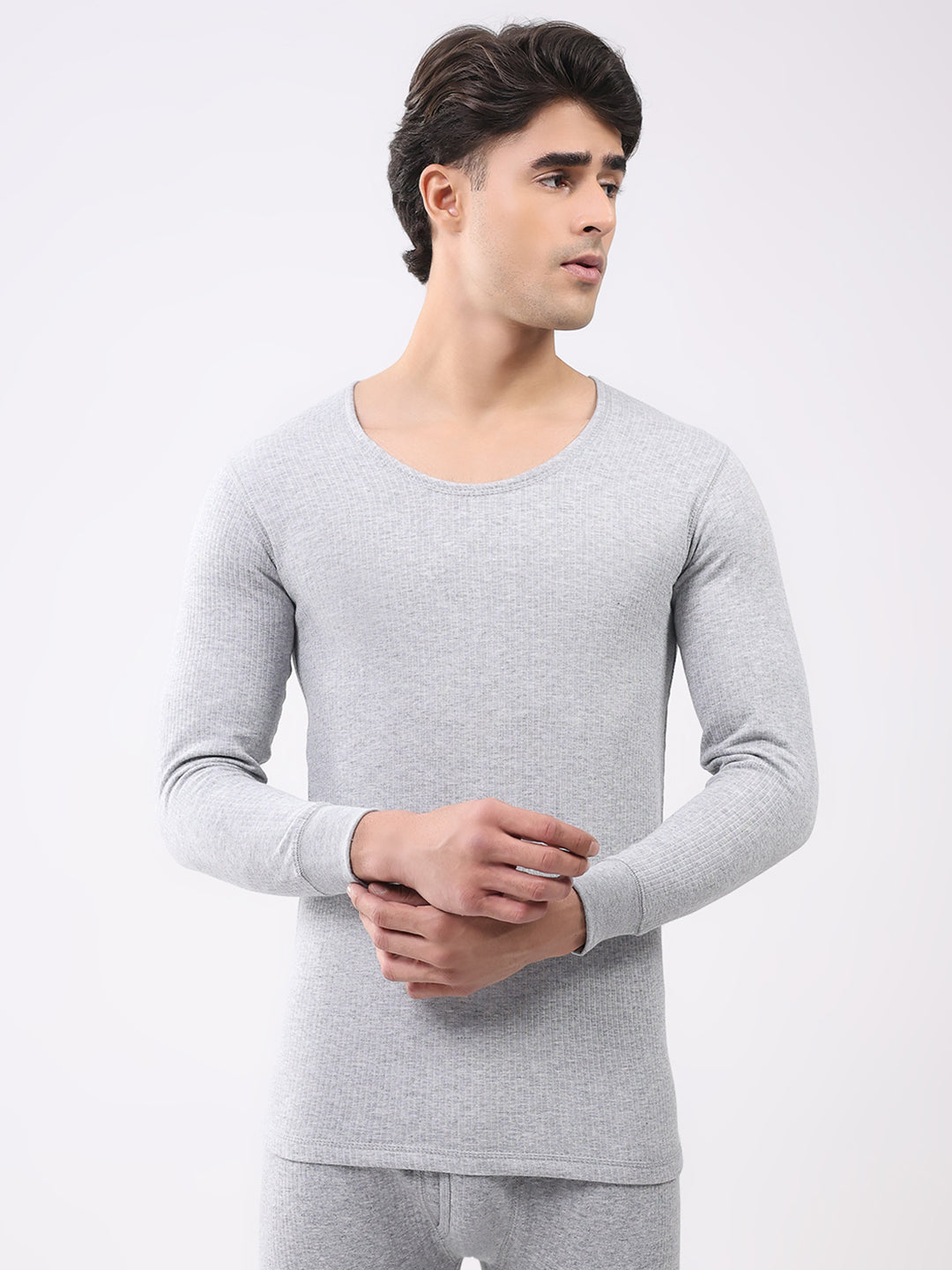 Men Grey Solid Round Neck Full Sleeve Thermal Vest