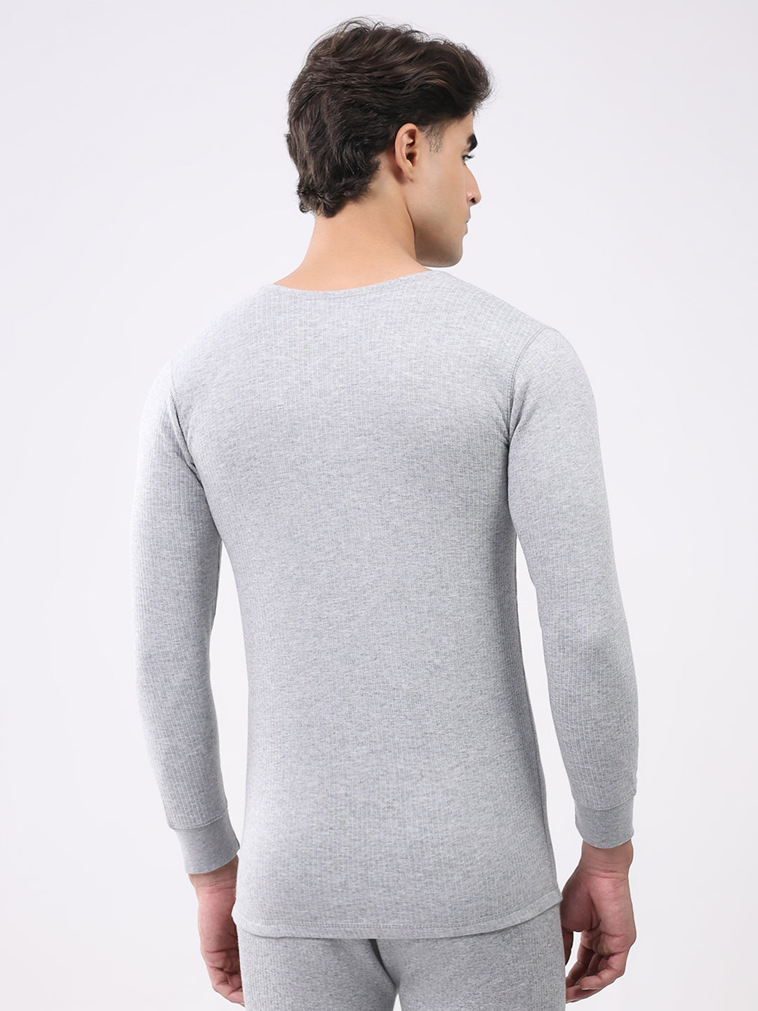 Men Grey Solid Round Neck Full Sleeve Thermal Vest
