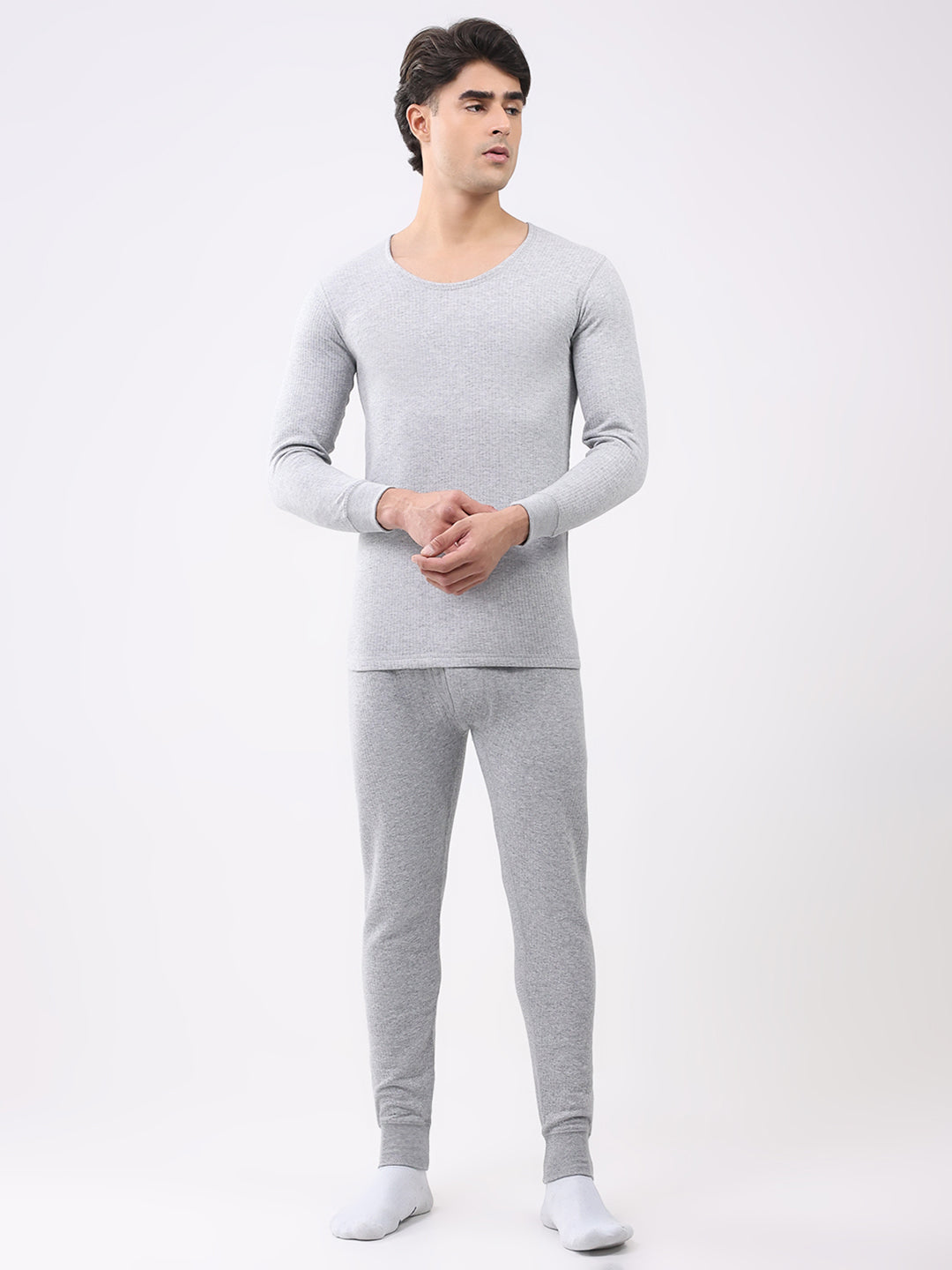 Men Grey Solid Round Neck Full Sleeve Thermal Vest