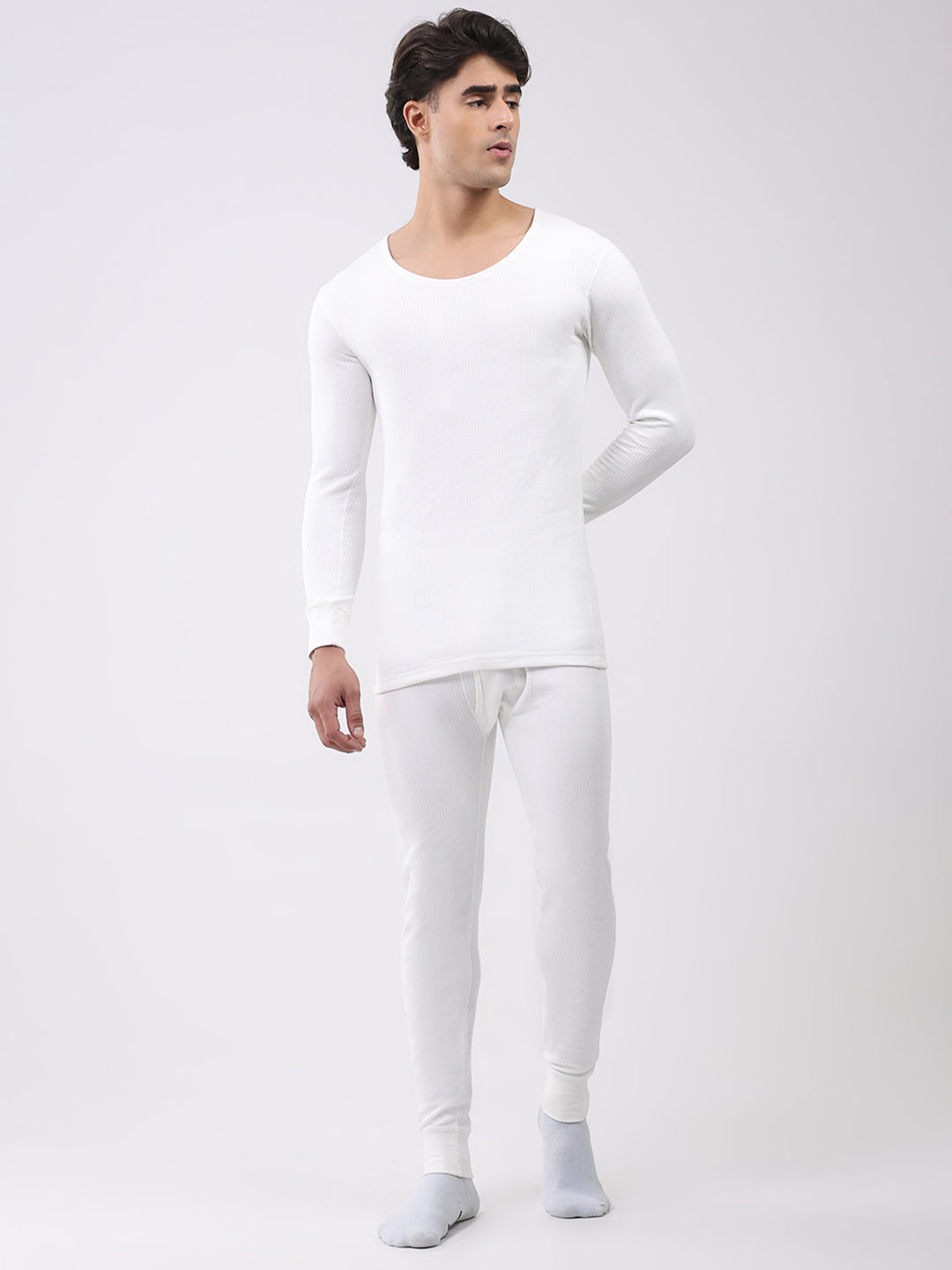Men White Solid Thermal Lower