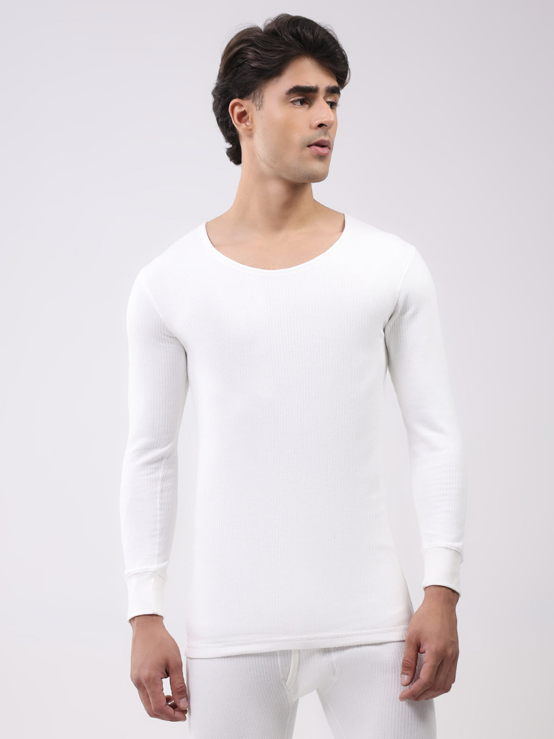 Men White Solid Round Neck Full Sleeve Thermal Vest