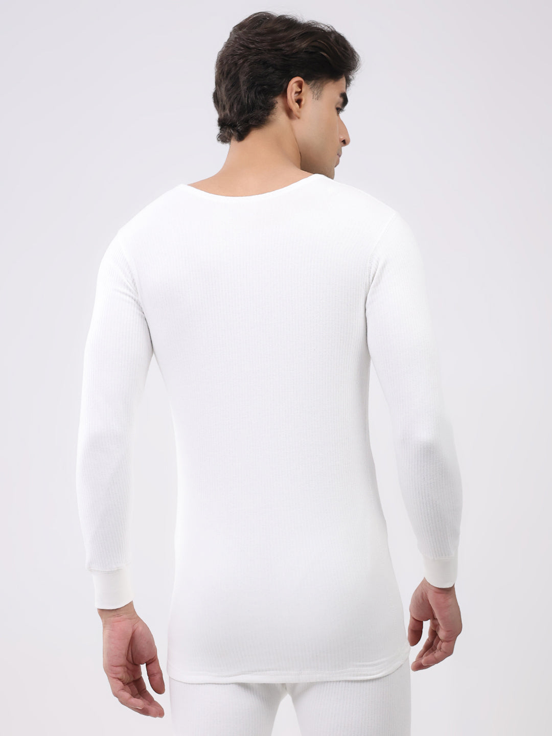 Men White Solid Round Neck Full Sleeve Thermal Vest