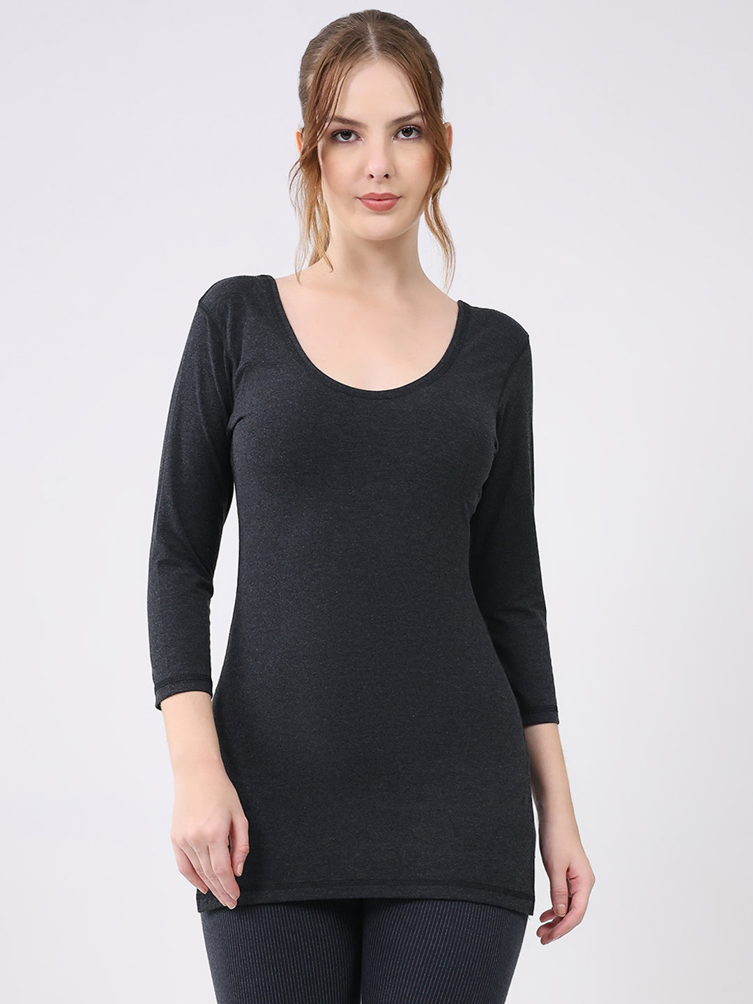 Women Charcoal Solid Round Neck 3/4th Sleeve Thermal Vest