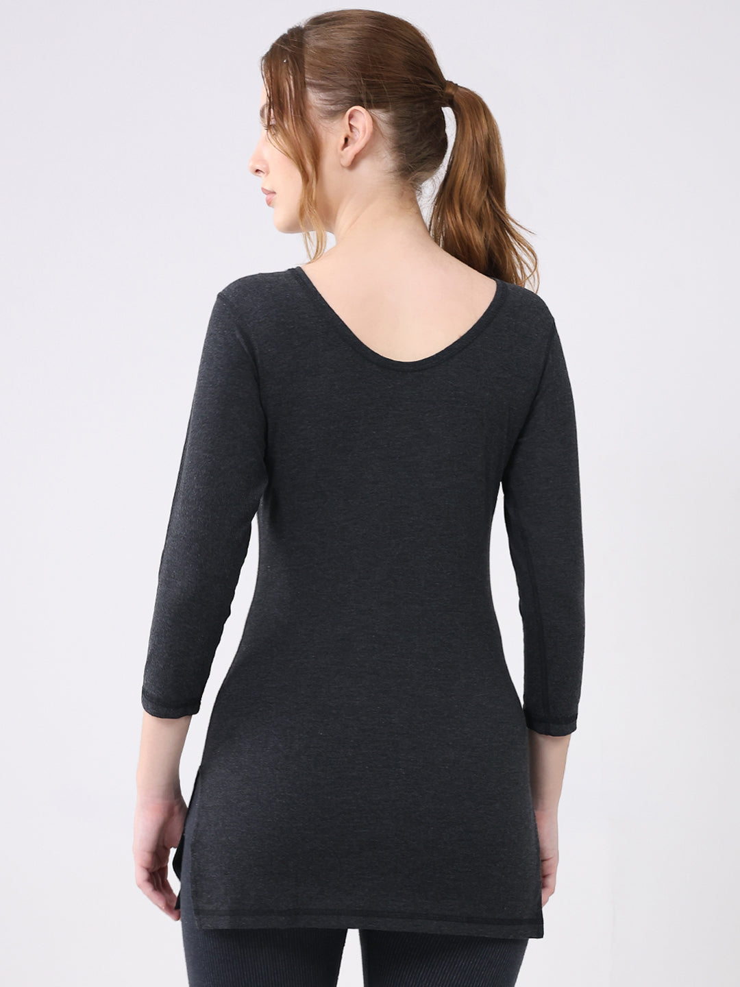 Women Charcoal Solid Round Neck 3/4th Sleeve Thermal Vest
