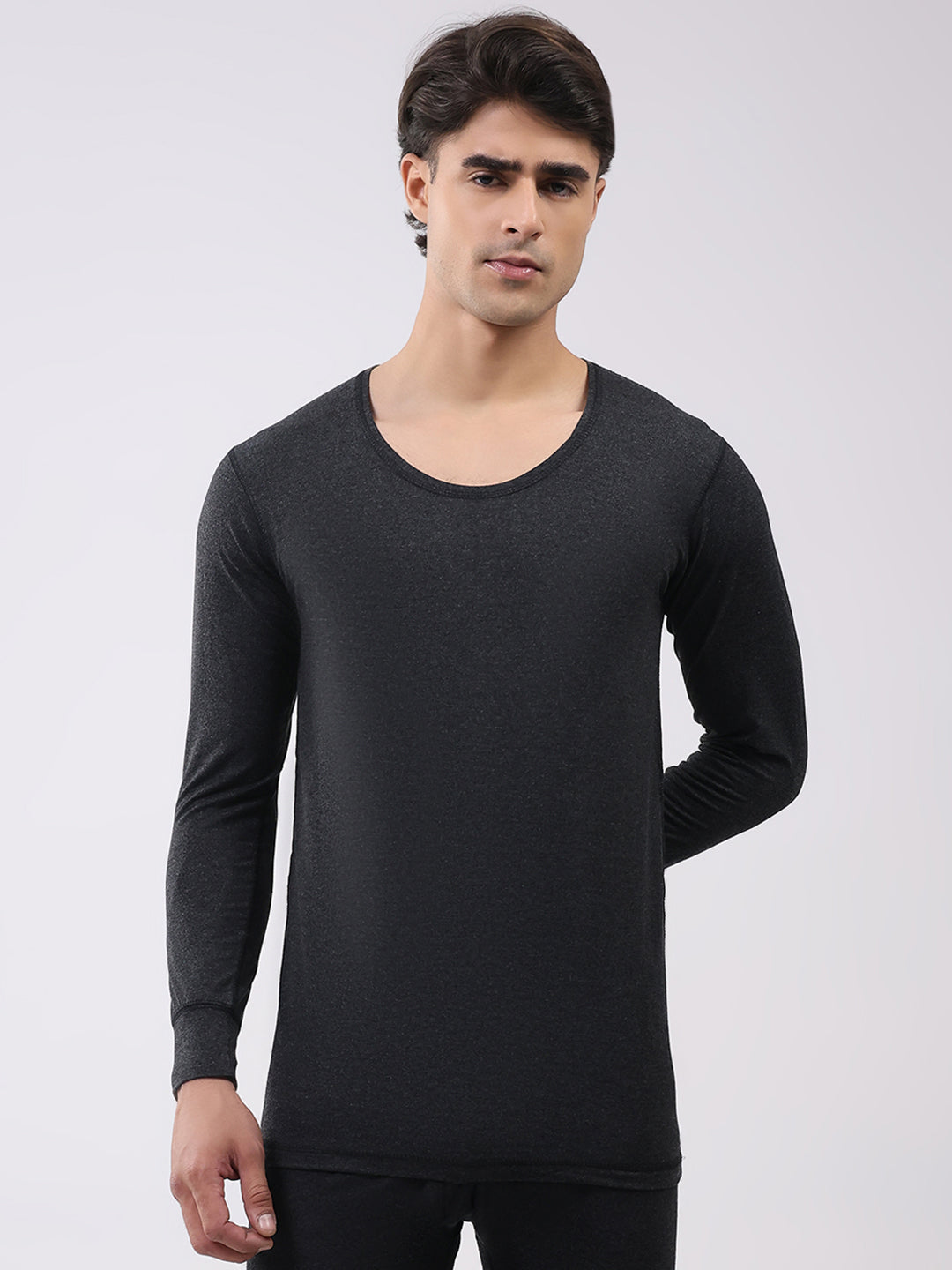 Men Charcoal Solid Round Neck Full Sleeve Thermal Vest