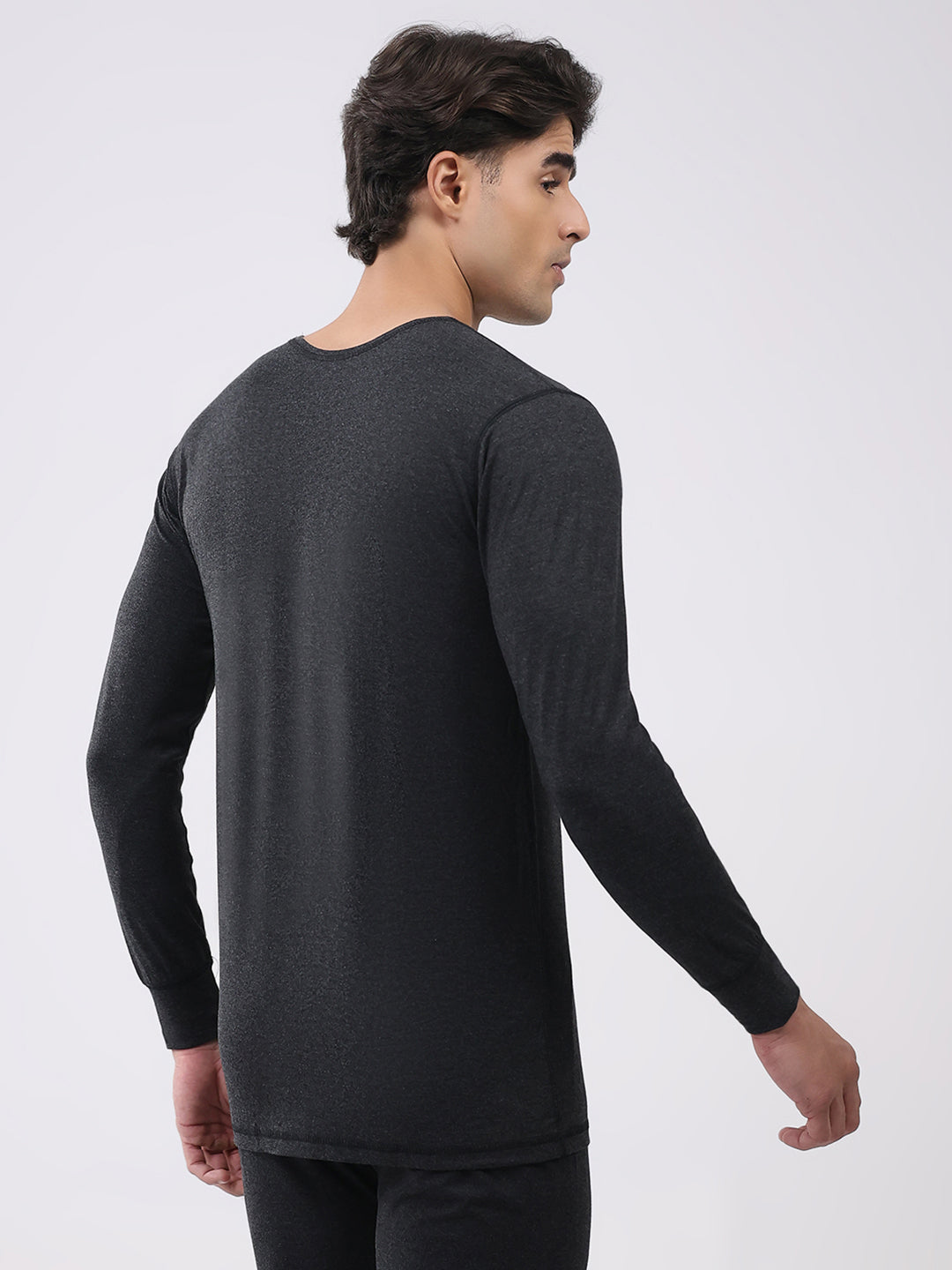 Men Charcoal Solid Round Neck Full Sleeve Thermal Vest
