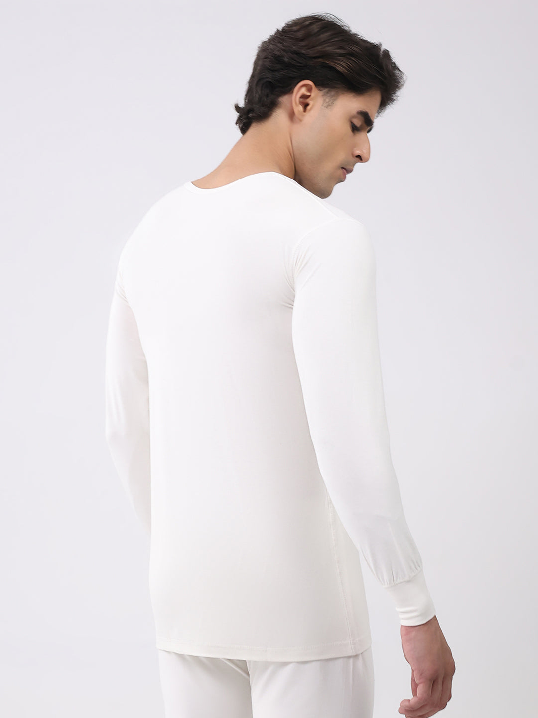 Men White Solid Round Neck Full Sleeve Thermal Vest