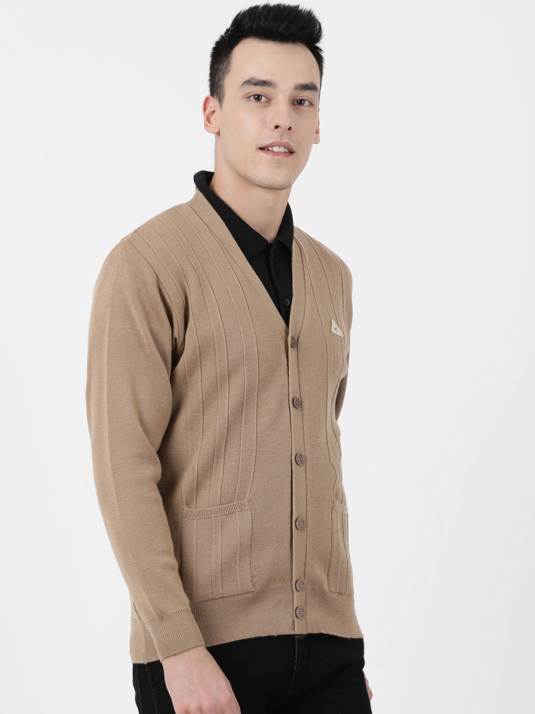 Men Khaki Solid V Neck Full Sleeve Cardigan