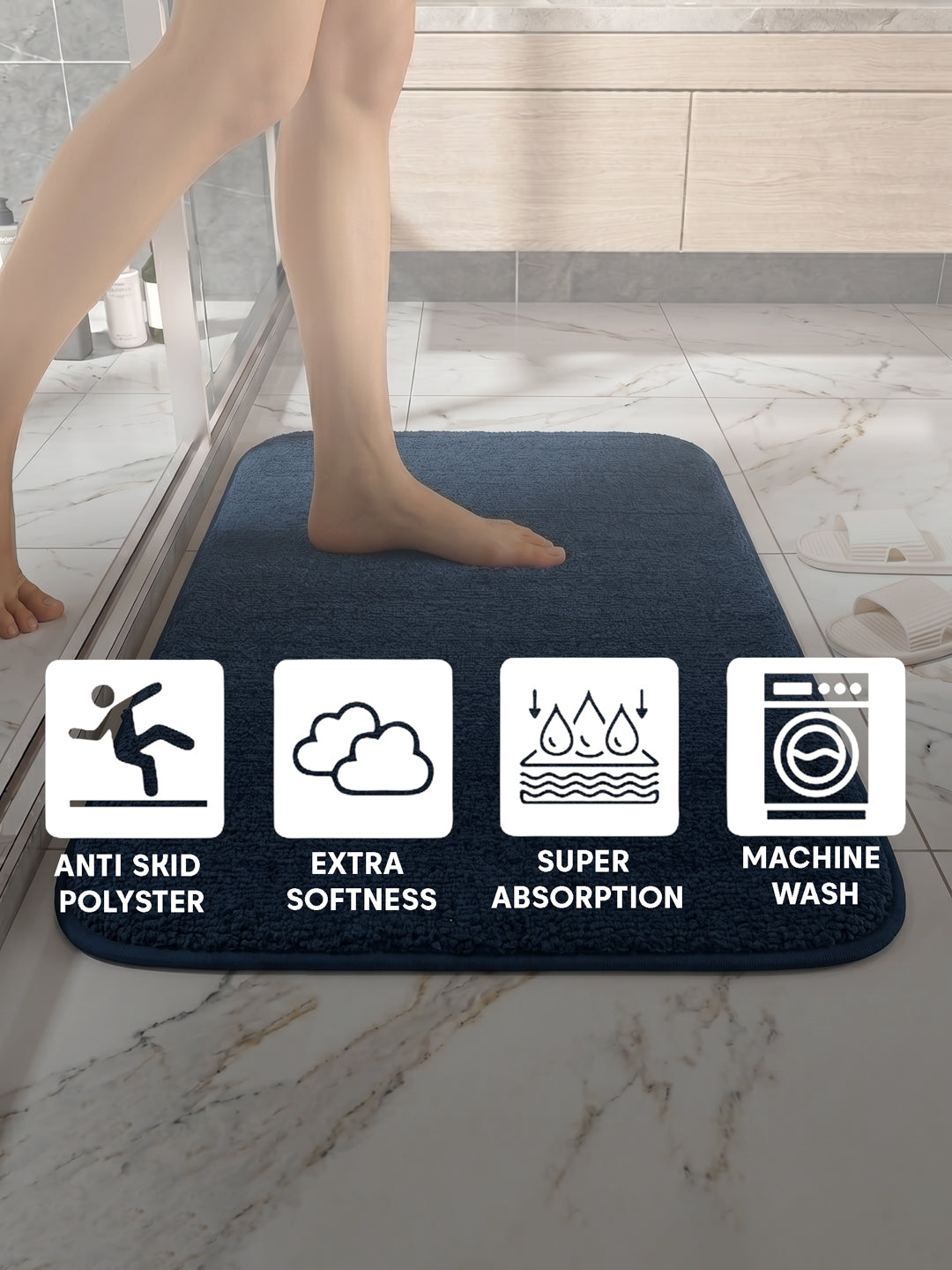 Monte Carlo Navy Blue Solid Polyester 2000 GSM Soft and Absorbent Anti-Skid Bath Mat