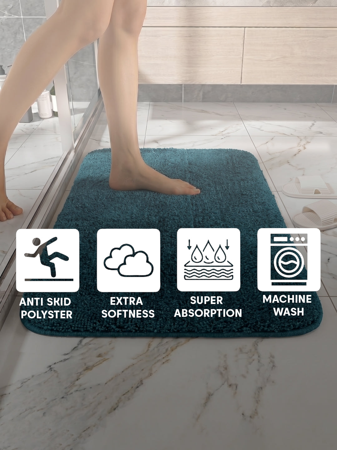 Monte Carlo Teal Blue Solid Polyester 2000 GSM Soft and Absorbent Anti-Skid Bath Mat