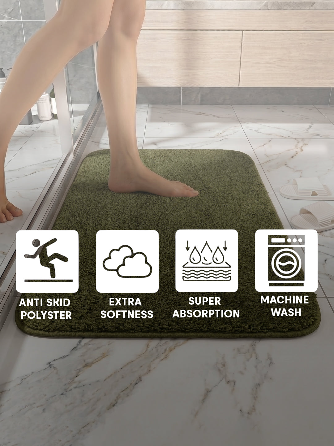 Monte Carlo Olive Solid Polyester 2000 GSM Soft and Absorbent Anti-Skid Bath Mat