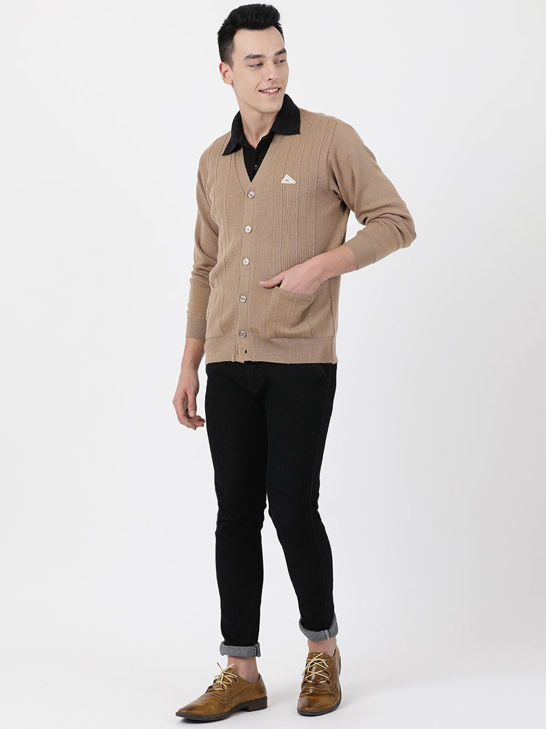 Men Khaki Solid V Neck Full Sleeve Cardigan