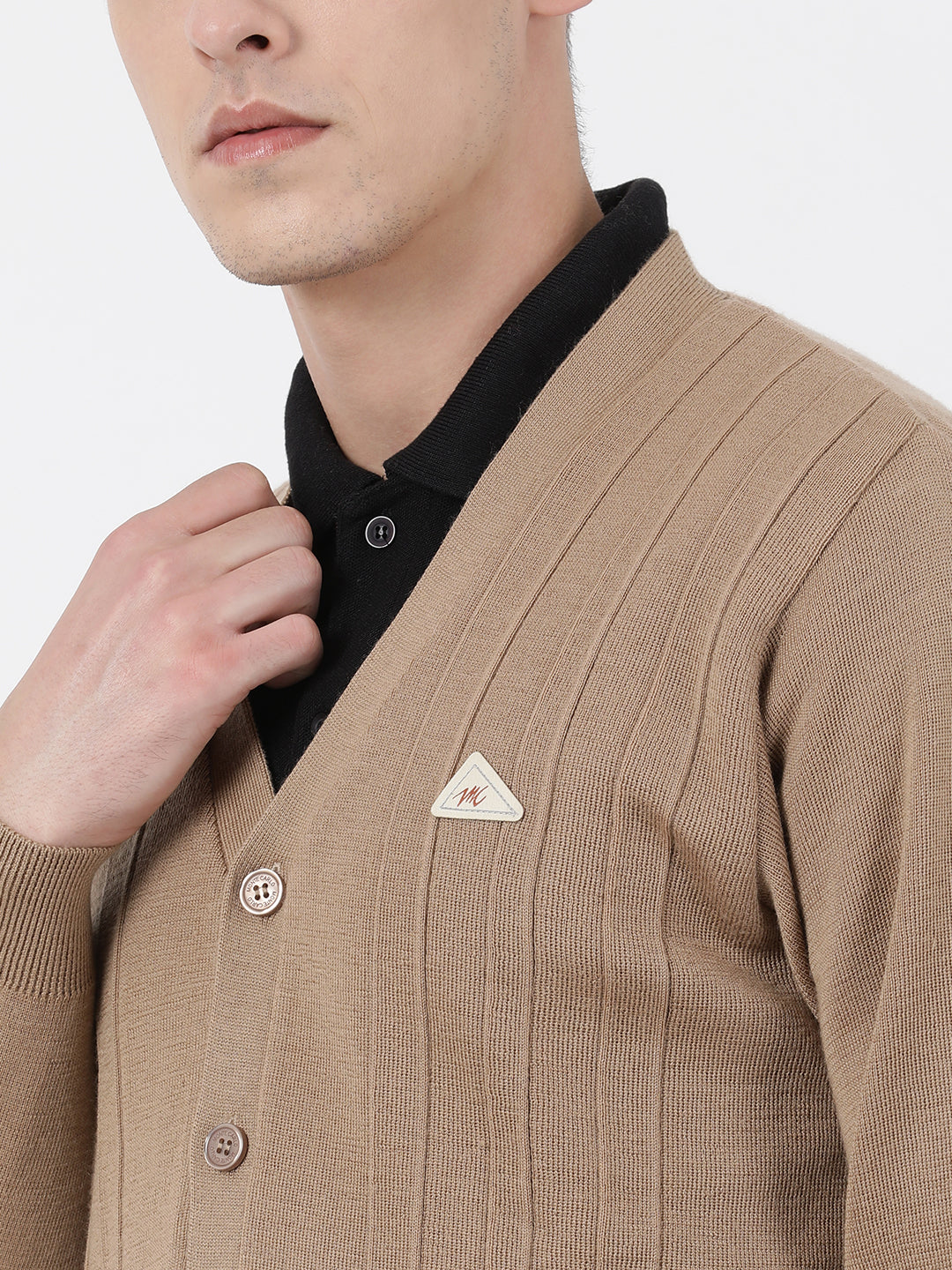 Men Khaki Solid V Neck Full Sleeve Cardigan