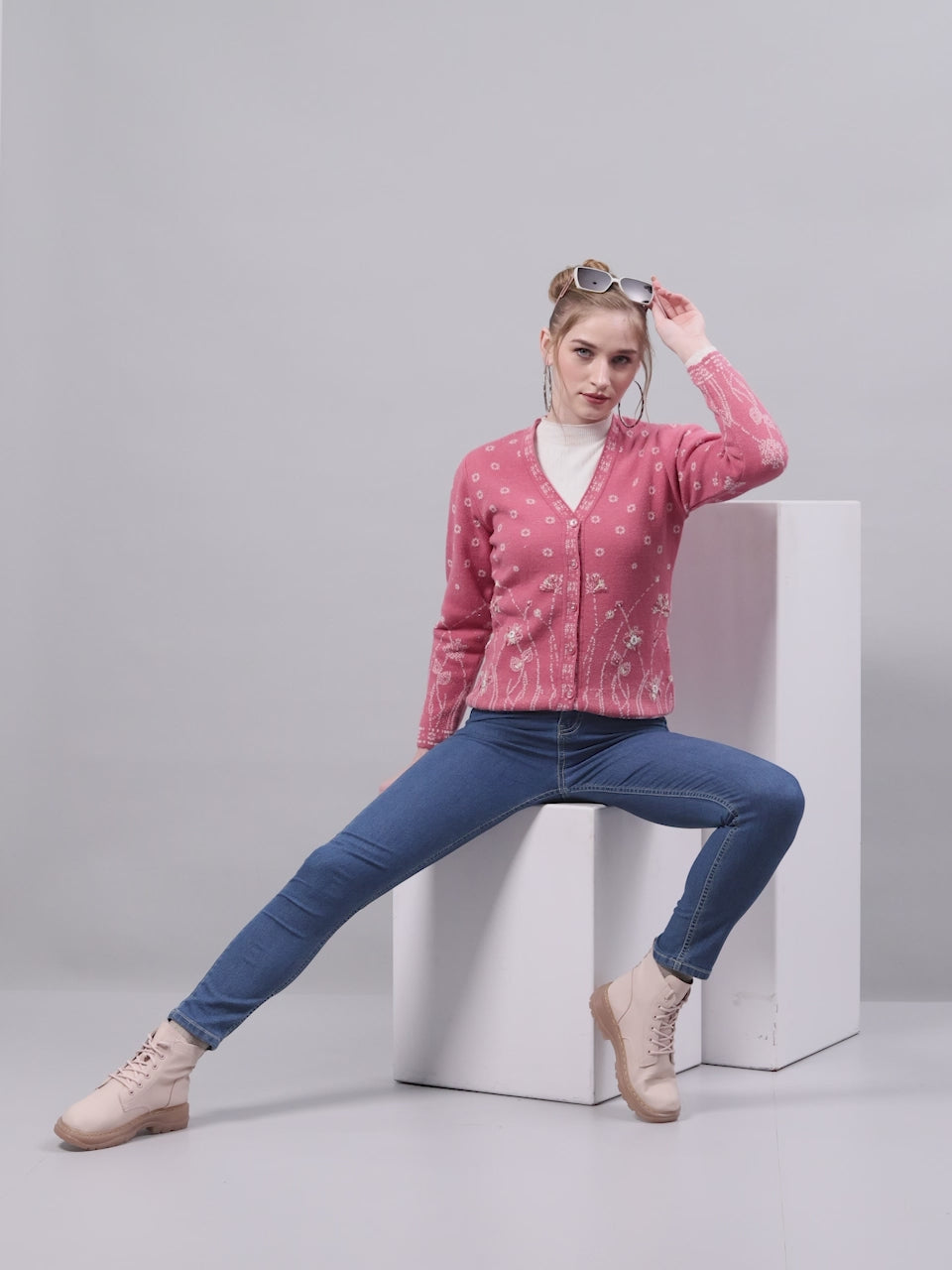 Buy Women Pink Self Design V Neck Full Sleeve Cardigan Online in