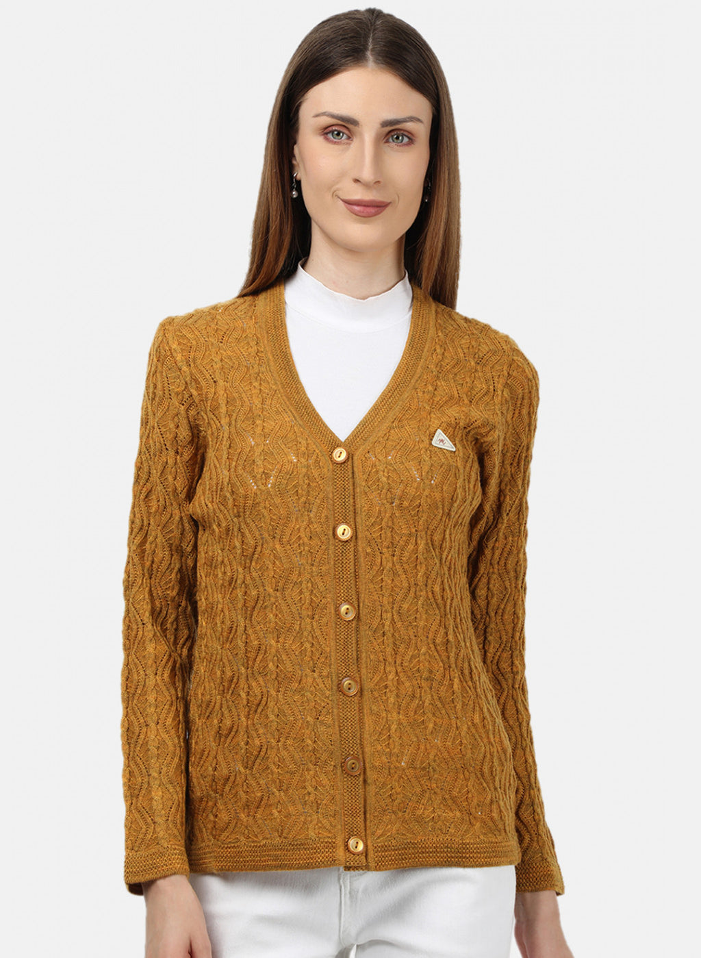 Women Yellow Self Design Cardigan