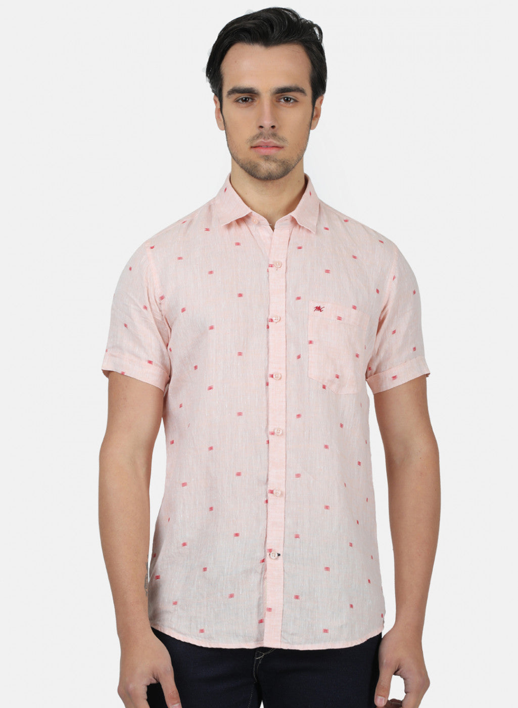 Men Peach Printed Linen Shirt