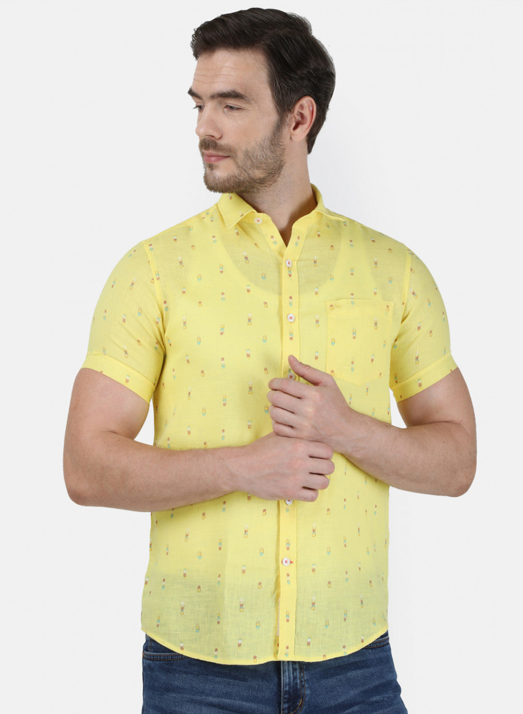 Mens Yellow Printed Linen Shirt