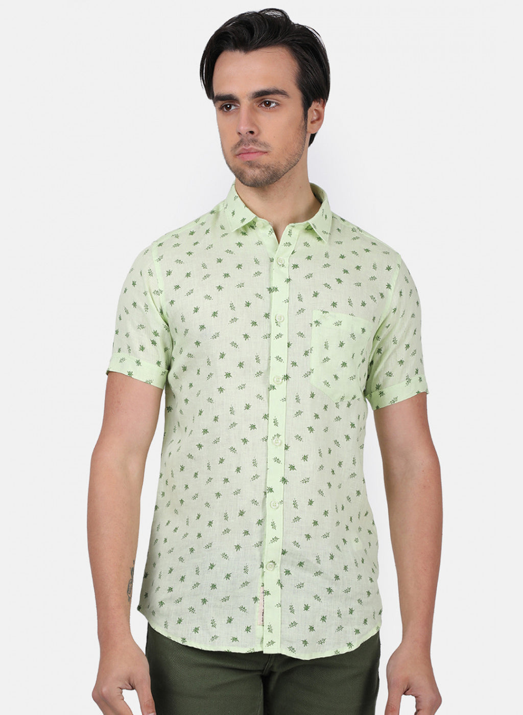 Men Green Printed Linen Shirt