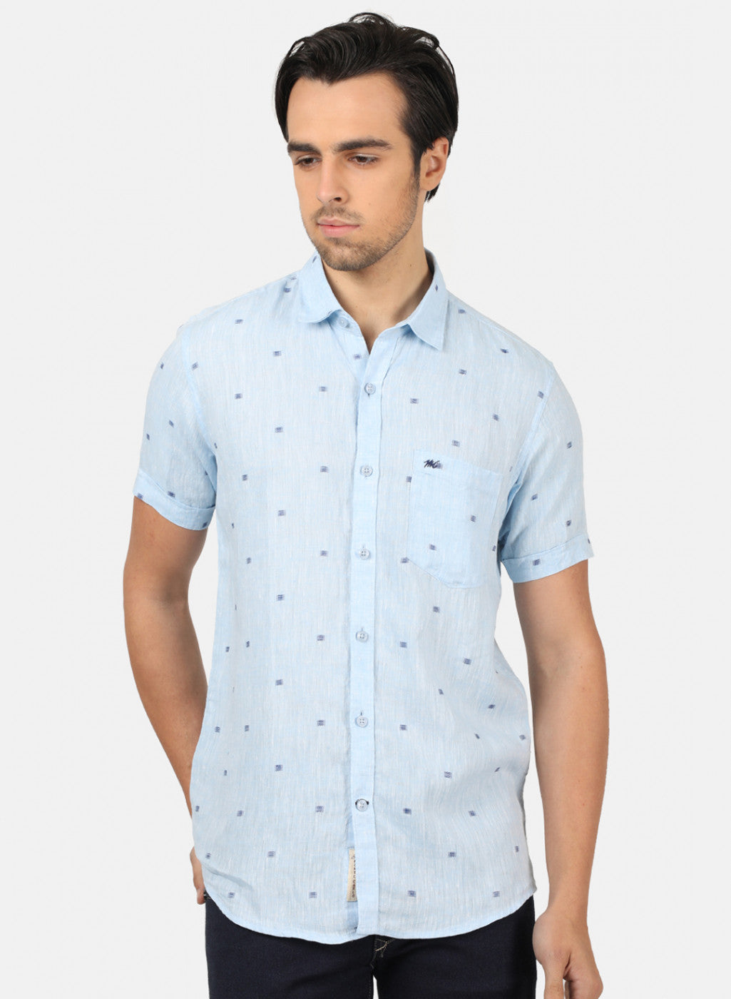 Men Blue Printed Linen Shirt