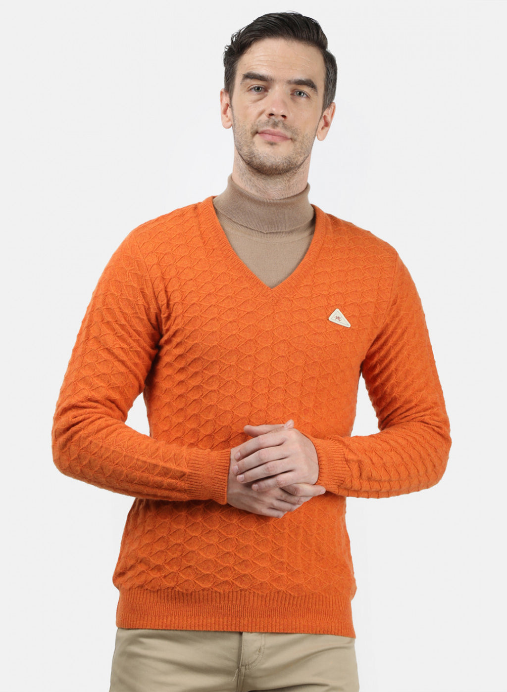 Men Orange Self Design Pullover