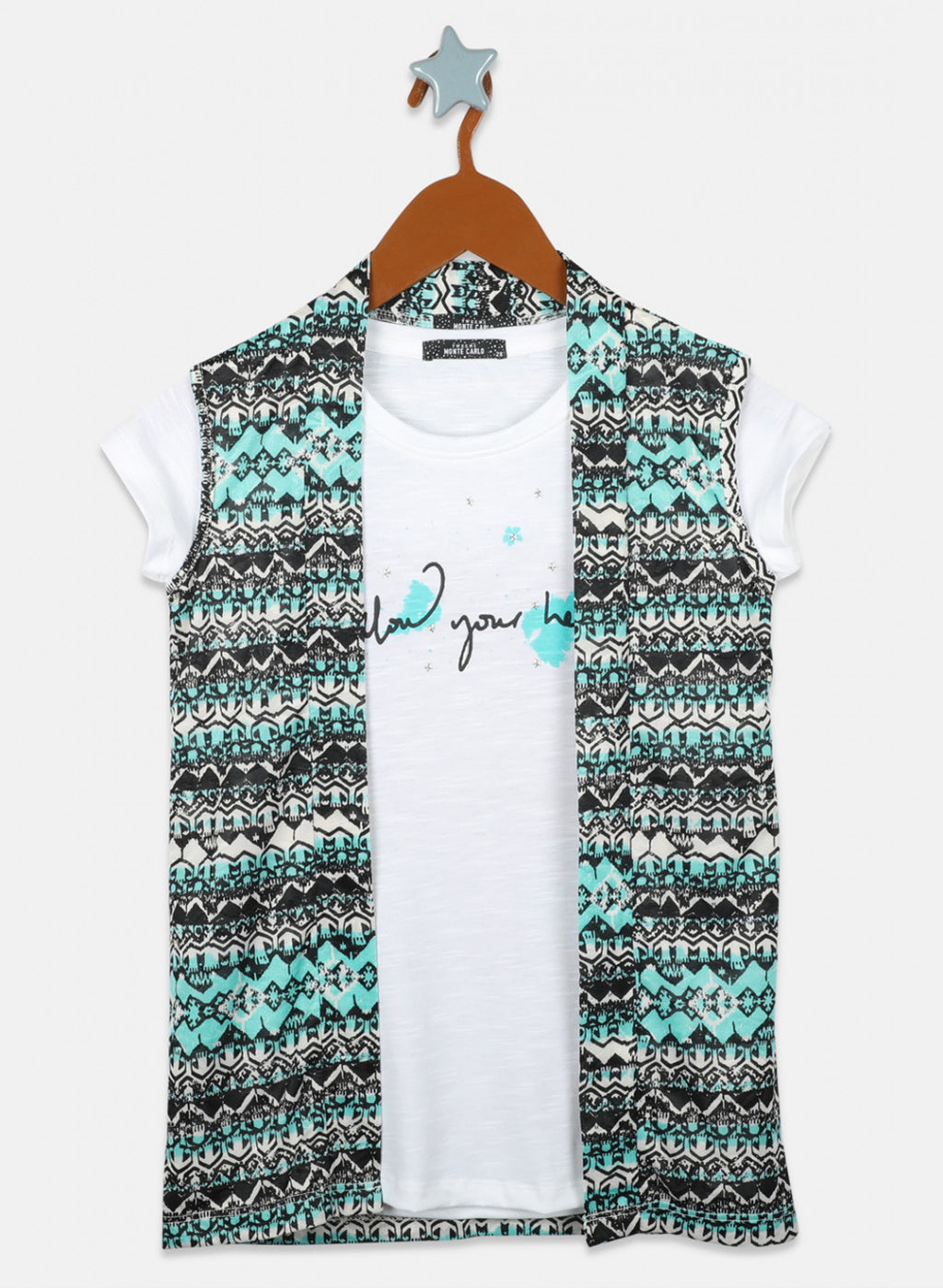 Girls Off White & Green Printed Top