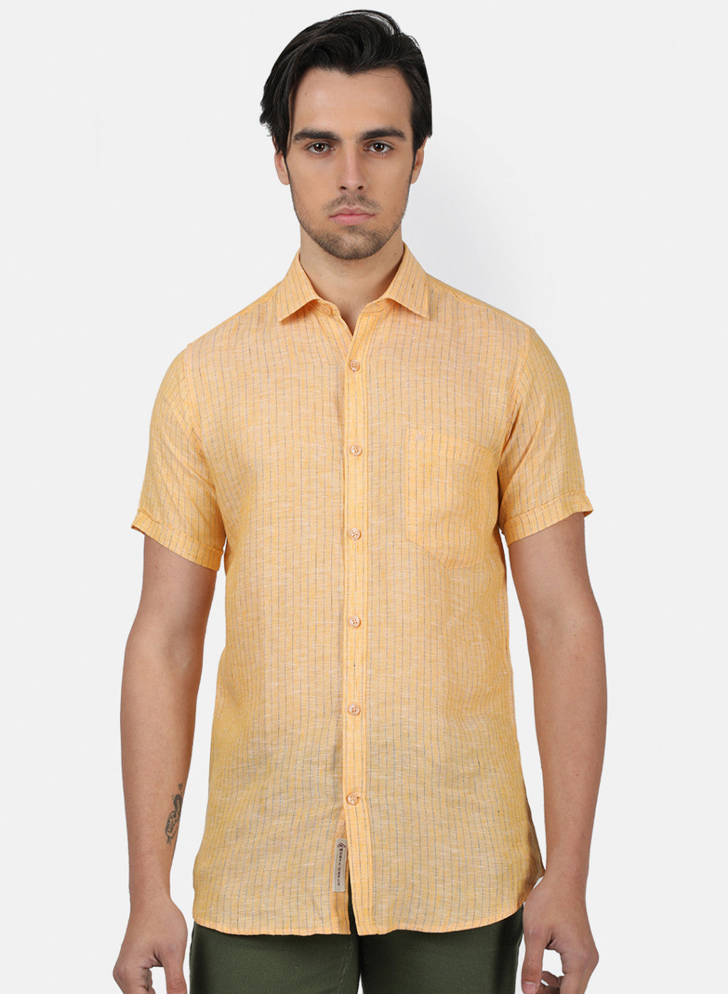 Men Yellow Stripe Linen Shirt