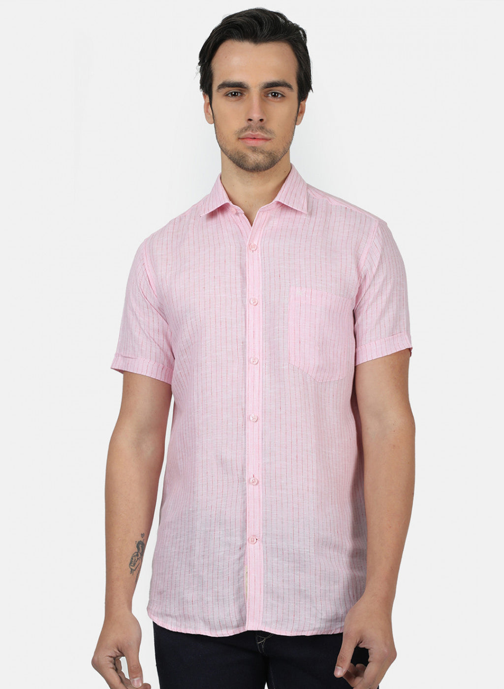 Men Pink Stripe Linen Shirt