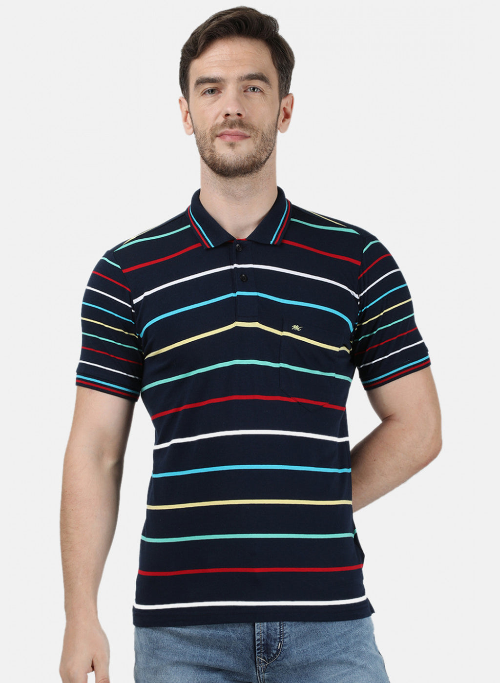 Mens NAvy Blue Stripe Collar T-Shirts