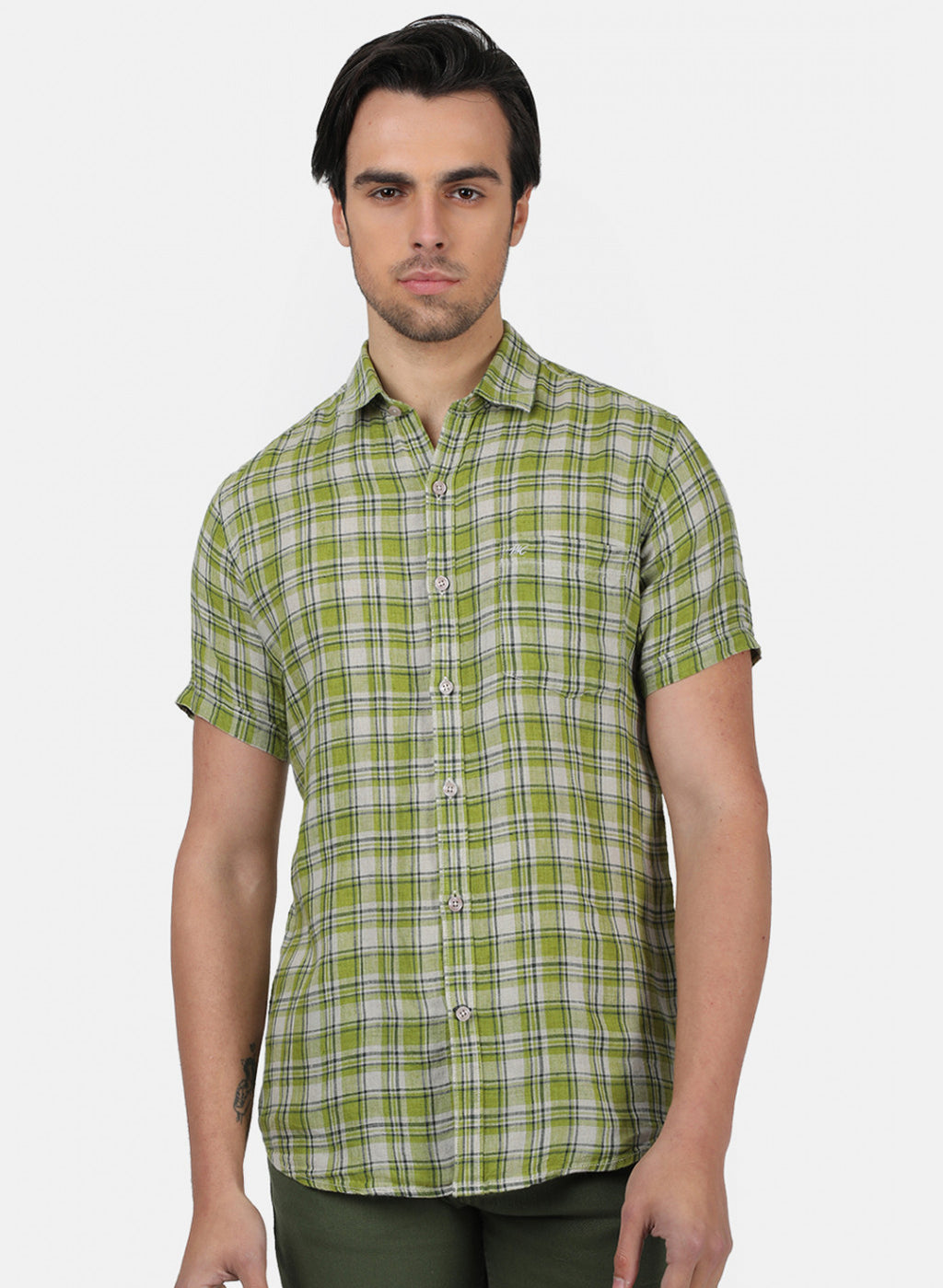Men Olive Check Linen Shirt